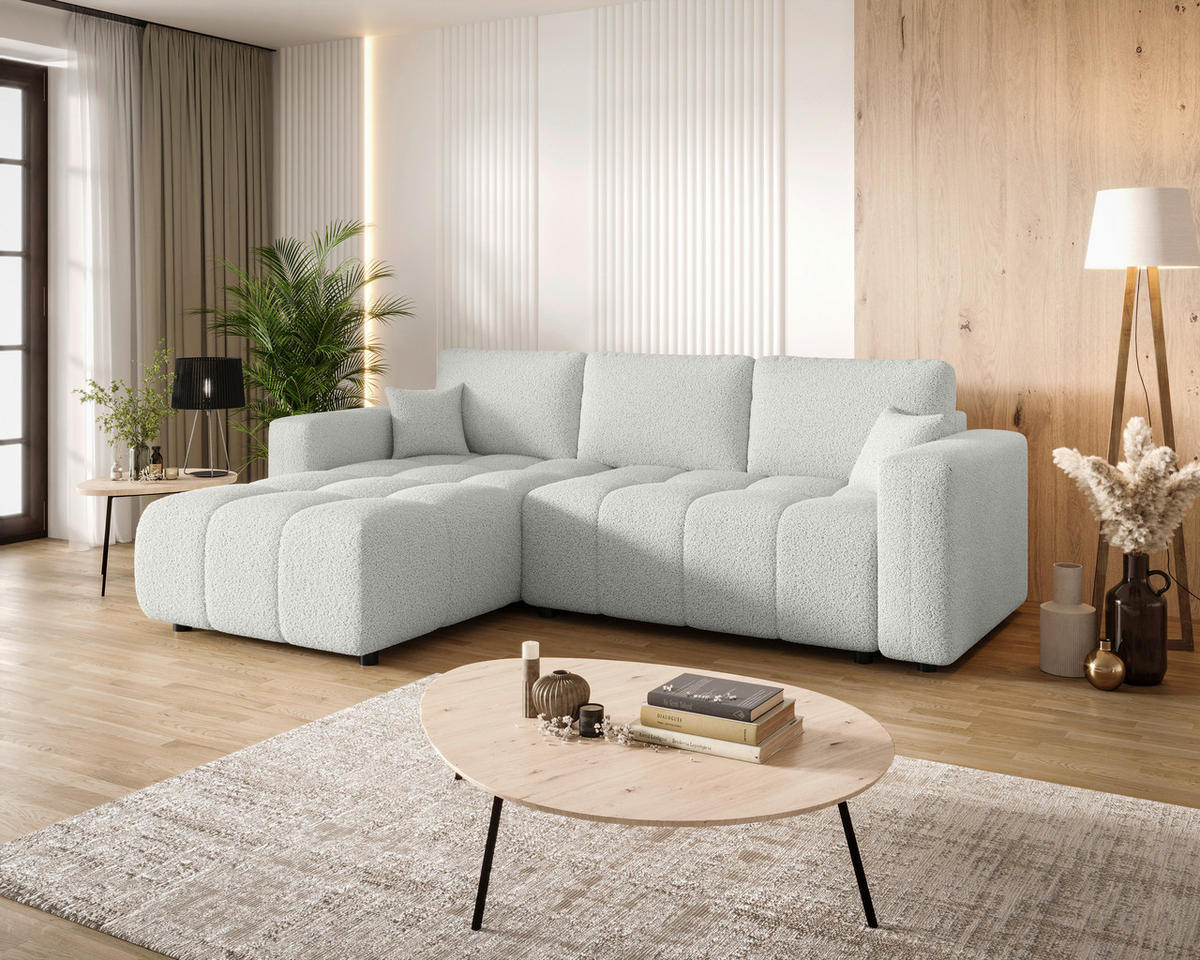 ECKSOFA Weiß Bouclé Zierkissen, Rückenkissen, Bettkasten, Schlaffunktion, Rücken echt, Liegefläche im Originalstoff  - Schwarz/Weiß, MODERN, Kunststoff/Textil (190/280cm) - Carryhome