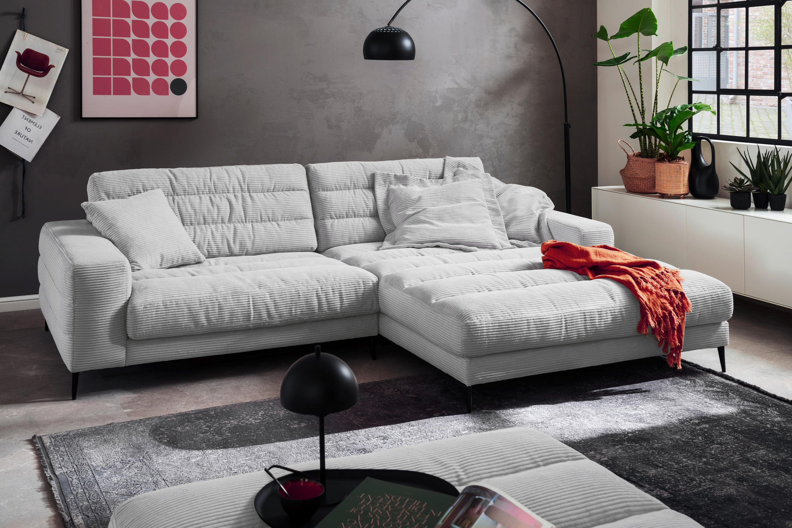 ECKSOFA in Cord Grau  - Schwarz/Grau, Design, Textil/Metall (296/207cm) - Dieter Knoll