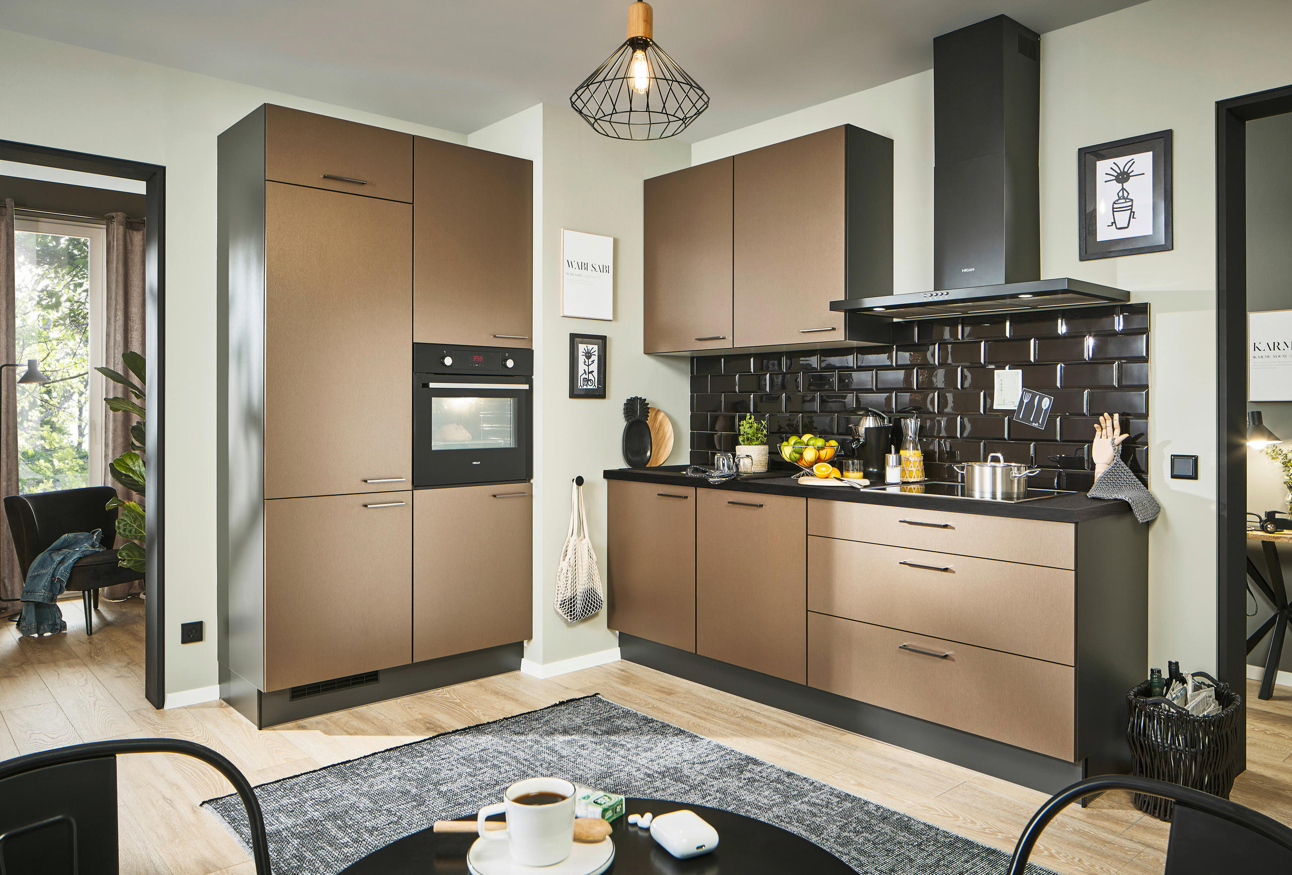 ECKKÜCHE 120/220 cm  in Graphitfarben, Schwarz, Bronzefarben  - Chromfarben/Schwarz, Design, Holzwerkstoff/Metall (120/220cm) - Xora