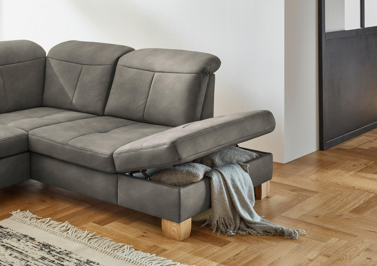 WOHNLANDSCHAFT Schlammfarben Mikrofaser  - Wildeiche/Schlammfarben, KONVENTIONELL, Holz/Textil (185/343/243cm) - Voleo