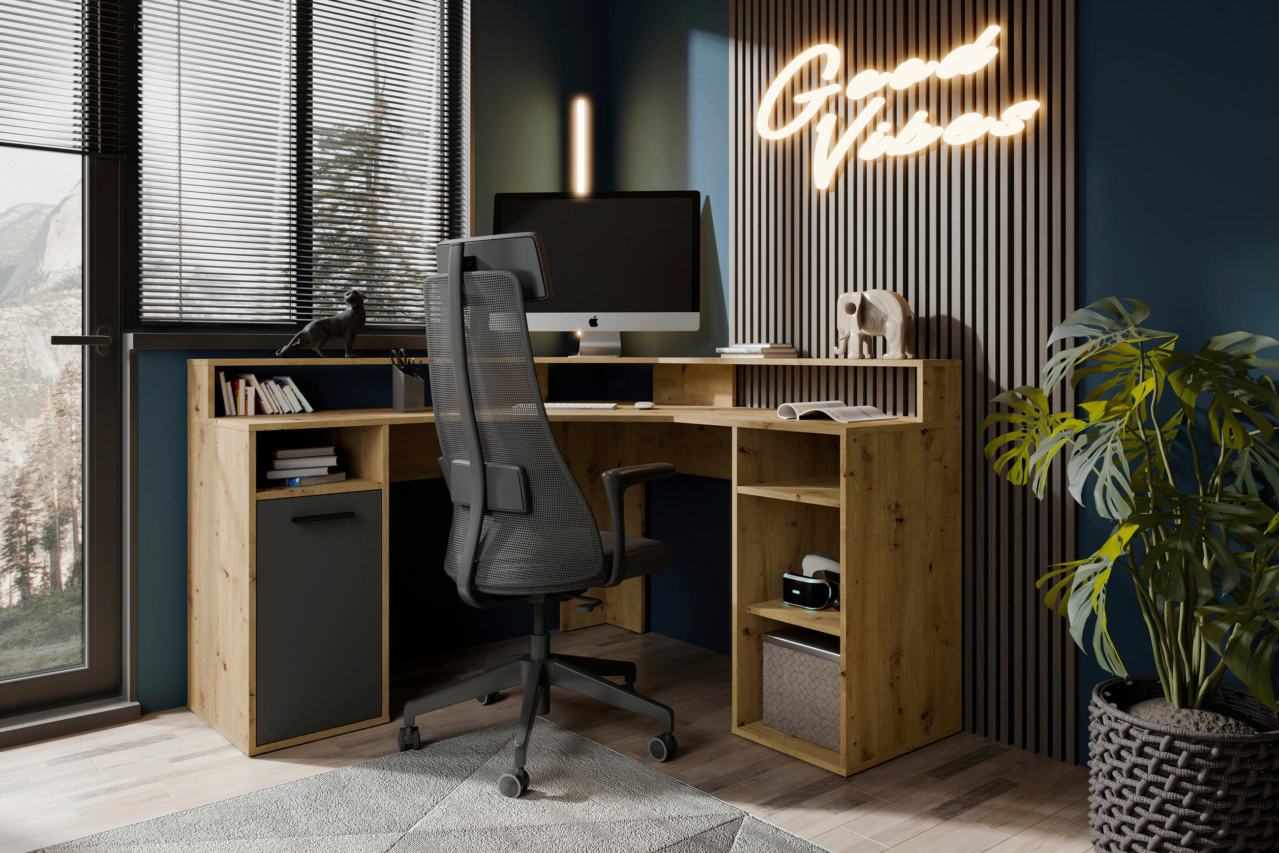 SCHREIBTISCH - Anthrazit/Eiche Artisan, MODERN, Holzwerkstoff/Kunststoff (139/139/90,8cm) - MID.YOU