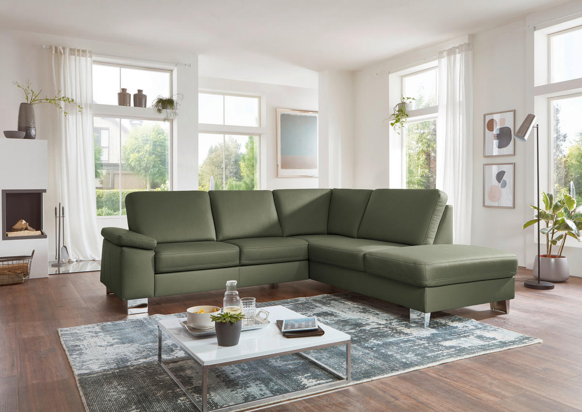 ECKSOFA  in Echtleder Olivgrün  248/235 cm  - Alufarben/Olivgrün, Design, Leder/Metall (248/235cm) - Beldomo Premium