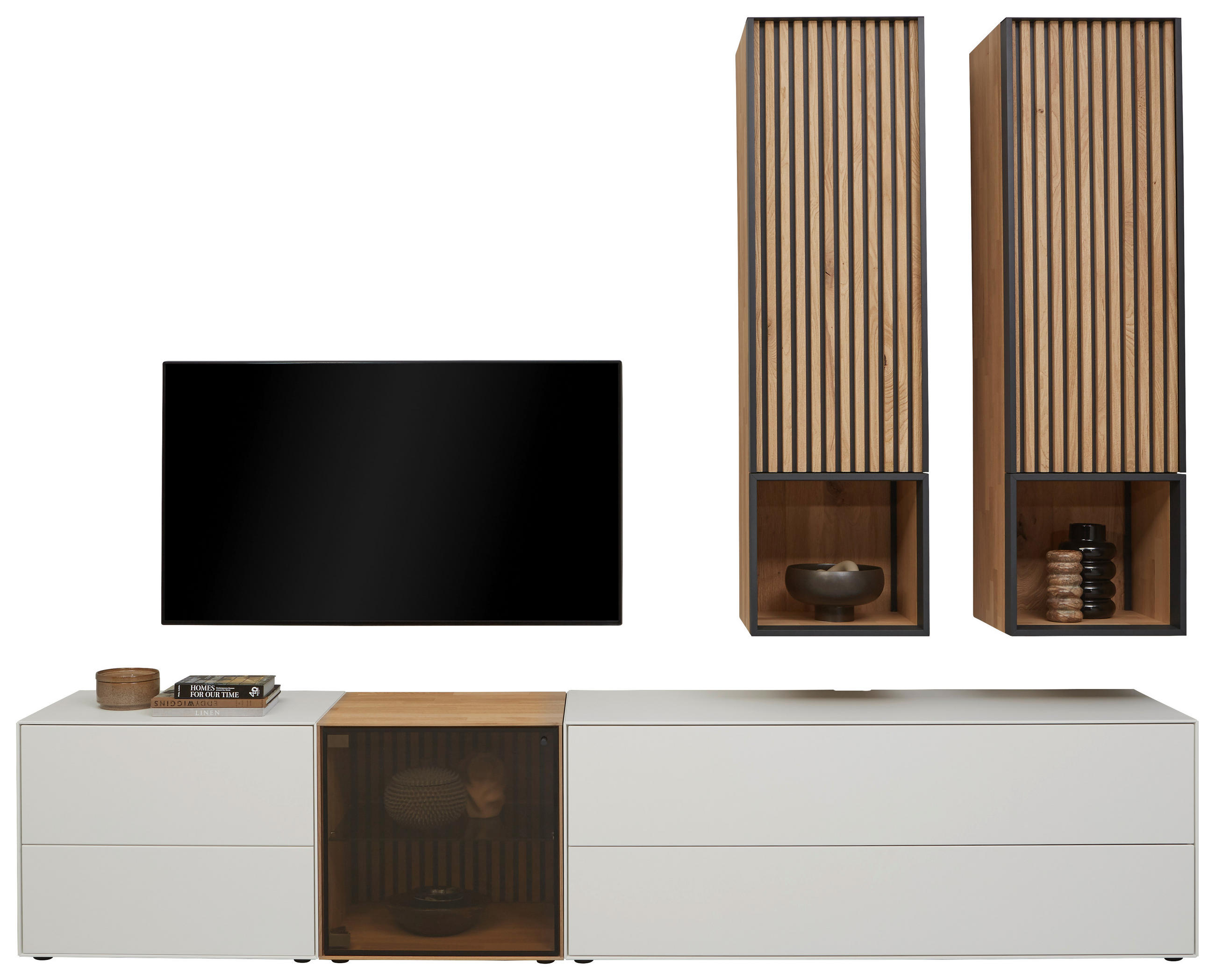 WOHNWAND  Weiss, Eichefarben 288/224/49 cm  - Weiss/Eichefarben, Design, Glas/Holz (288/224/49cm) - Johann Jakob