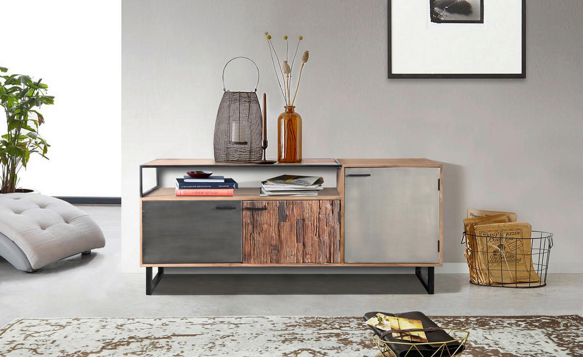 LOWBOARD  in 175/77/40 cm  - Hellbraun/Schwarz, Design, Holz/Stein (175/77/40cm) - Carryhome