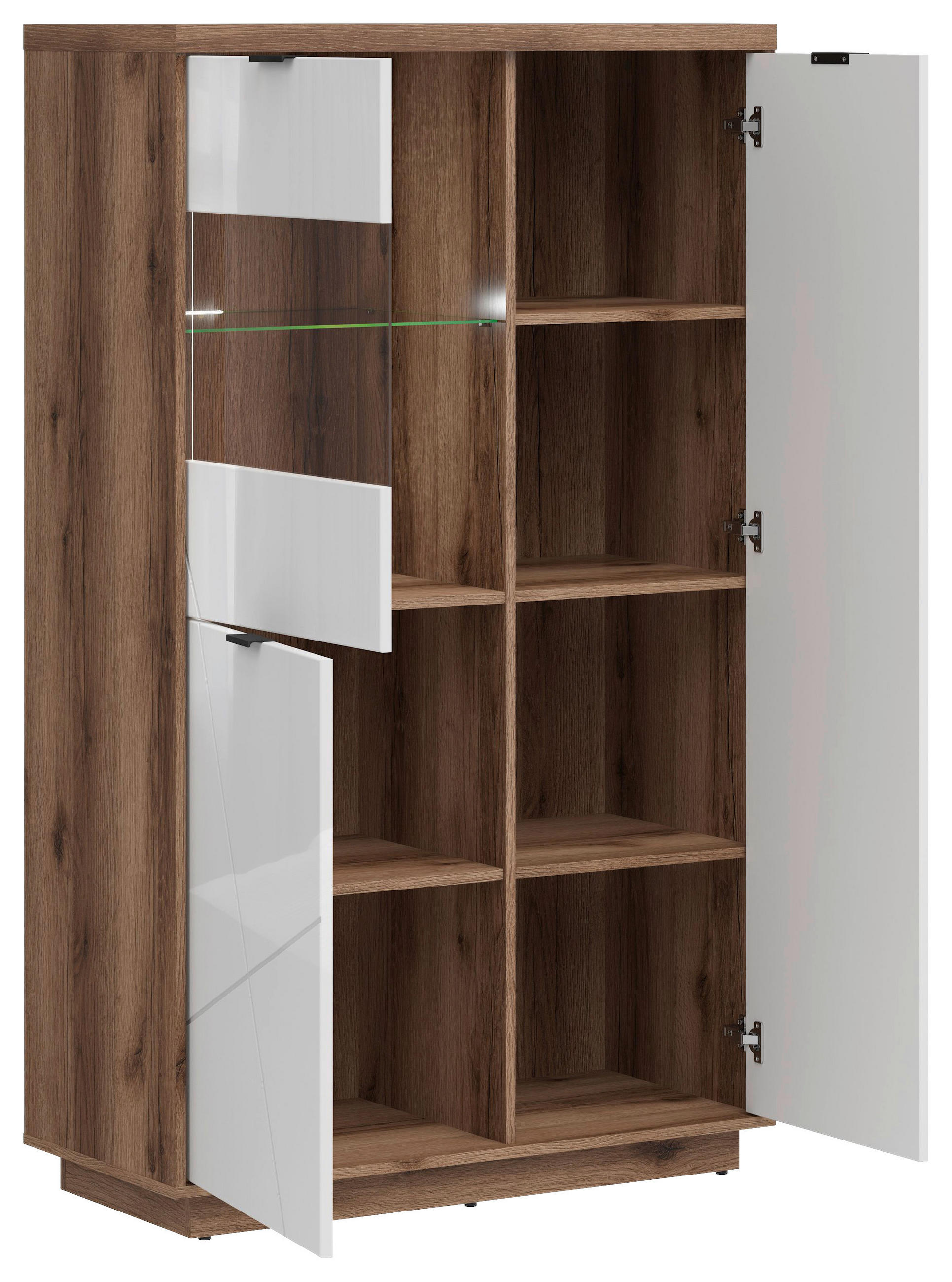 VITRIN tölgyfa, magasfényű fehér  - fekete/tölgyfa, Design, műanyag/faalapú anyag (94/157/42,5cm) - Venda