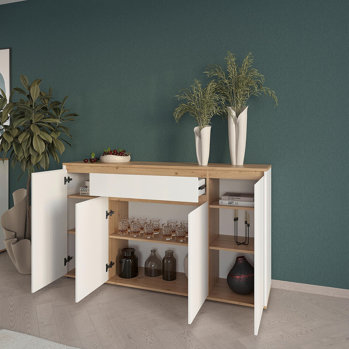 SIDEBOARD  160/93/38 cm 1 Schublade(n)  - Weiß/Eiche Artisan, MODERN, Holzwerkstoff (160/93/38cm) - Carryhome