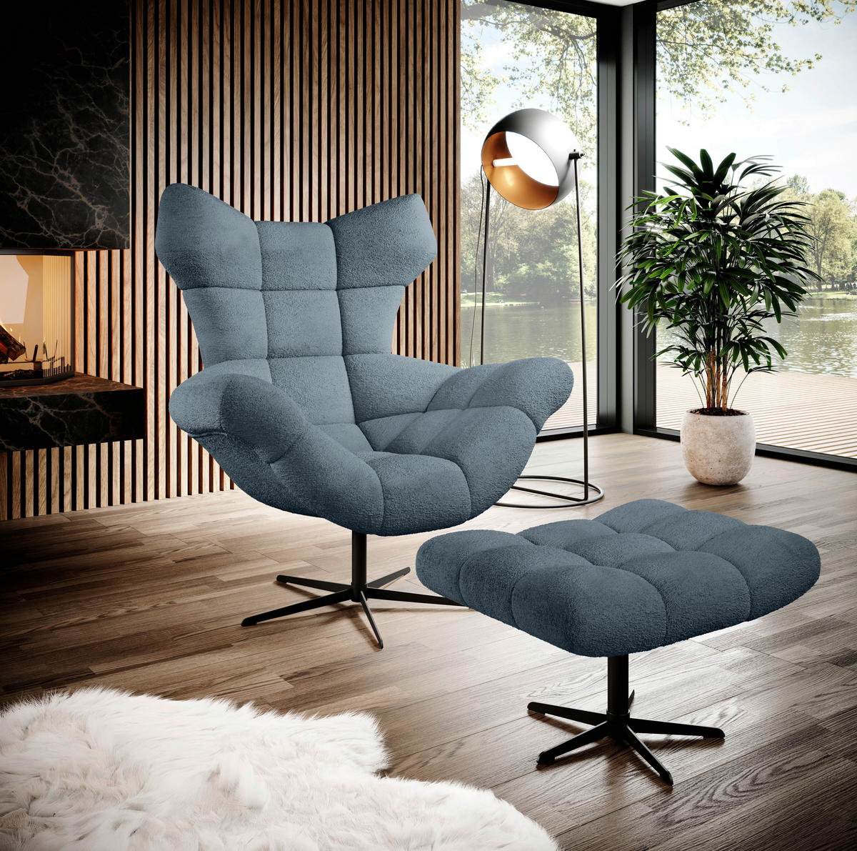 OHRENSESSEL in Chenille Blau  - Blau/Schwarz, Design, Textil/Metall (103/119/84cm) - Esposa