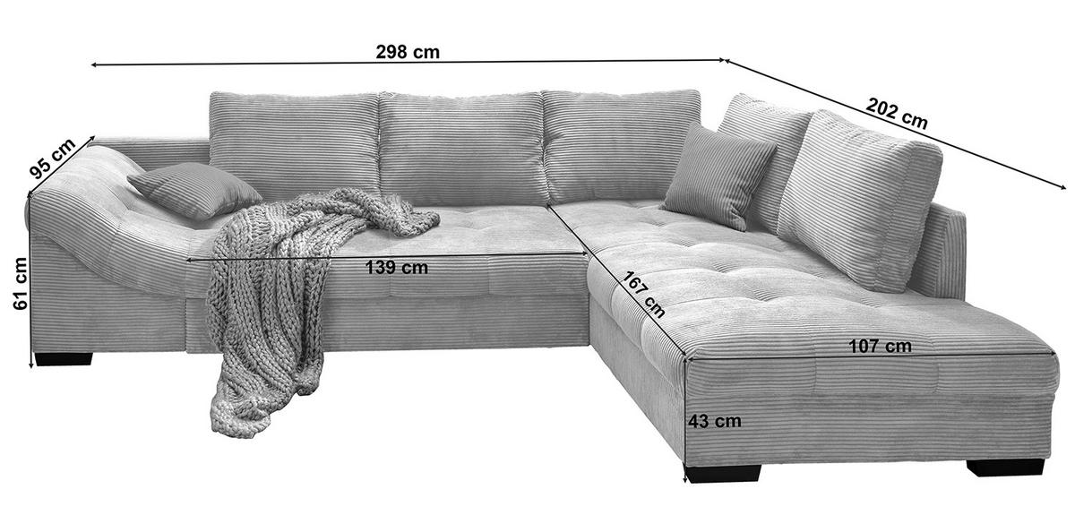 ECKSOFA Grau Cord  - Silberfarben/Grau, Design, Holz/Textil (298/202cm) - MID.YOU