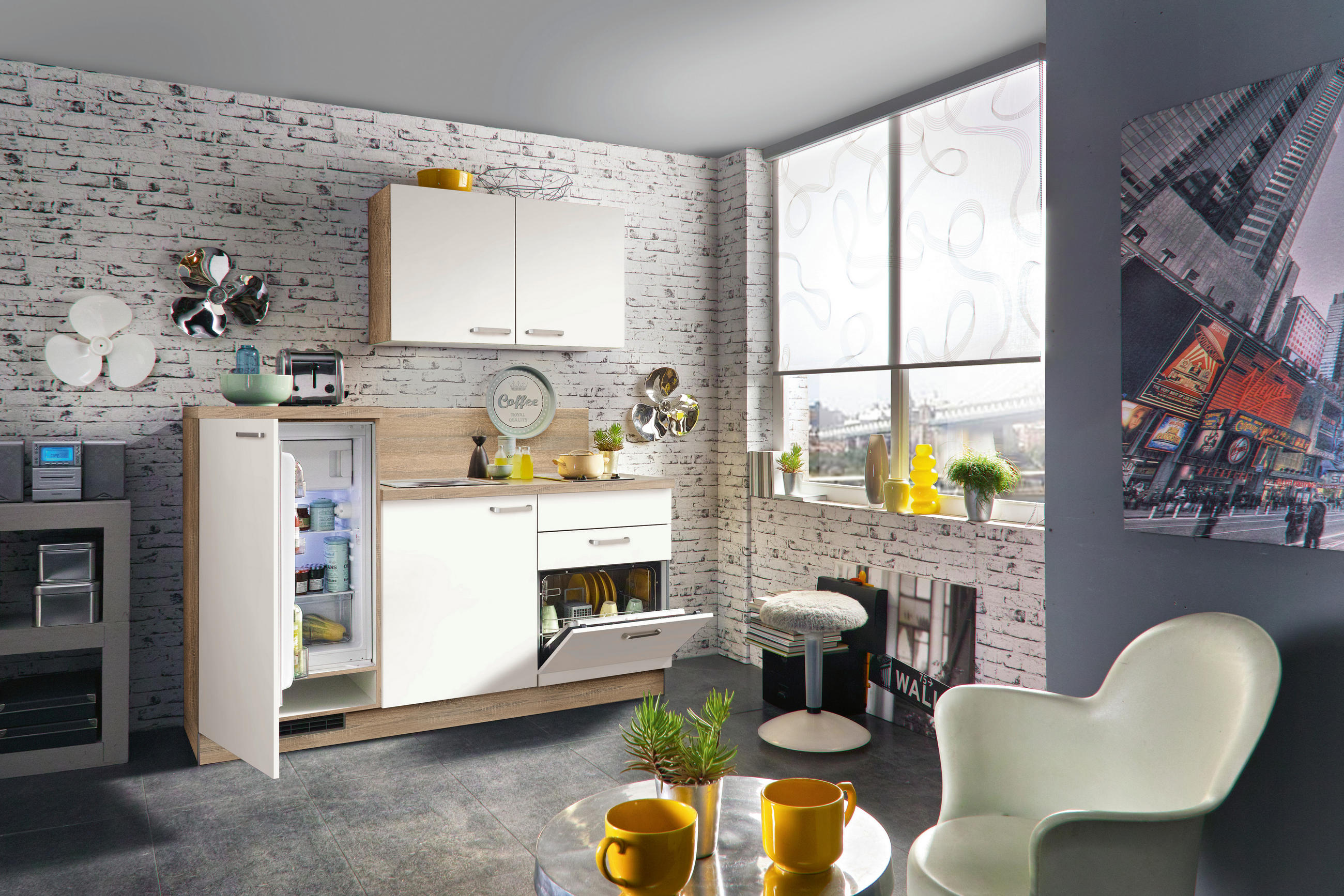 MAJHNA KUHINJA - barve nerjavečega jekla/barve hrasta, Basics, kovina/leseni material (180cm) - Express