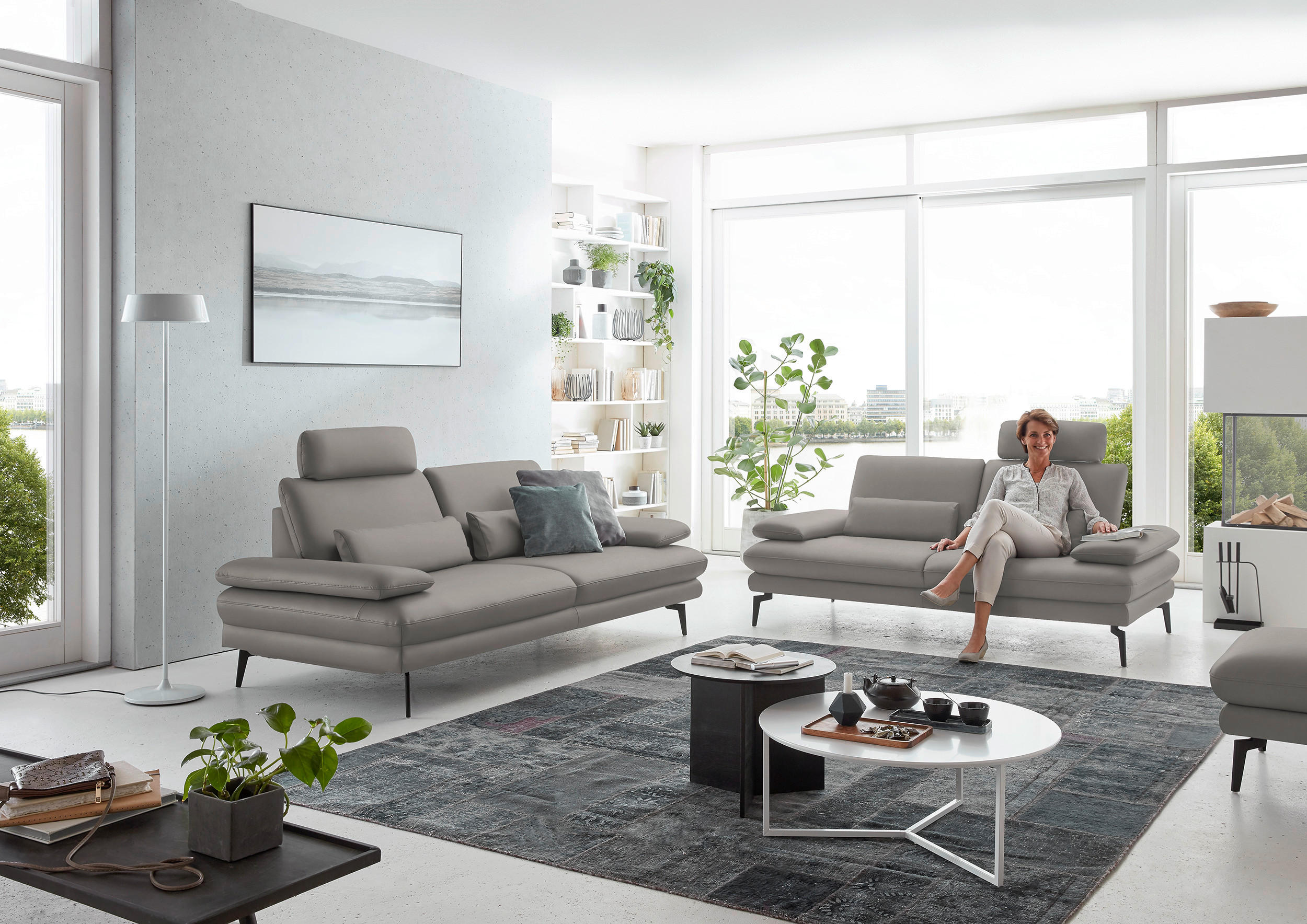 3-SITZER-SOFA in Echtleder Silberfarben  - Silberfarben/Schwarz, Design, Leder/Metall (222/86/104cm) - Dieter Knoll