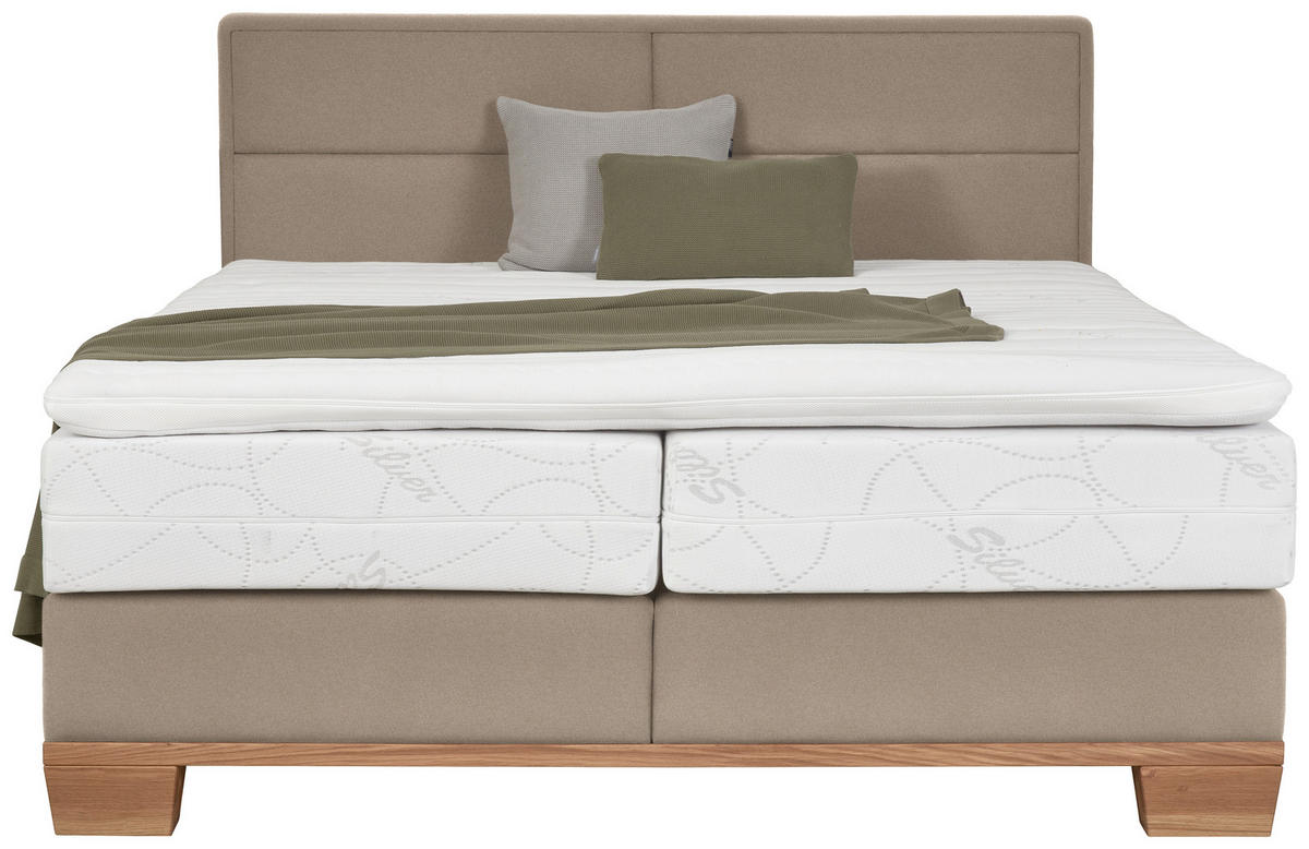 BOXSPRINGBETT 180/200 cm,  in Eichefarben, Greige, Matratze, Topper, unterschiedliche Matratzenhärtegrade je Bettseite, H3 + H4 = fest + sehr fest  - Greige/Eichefarben, Natur, Holz/Textil (180/200cm) - Valnatura