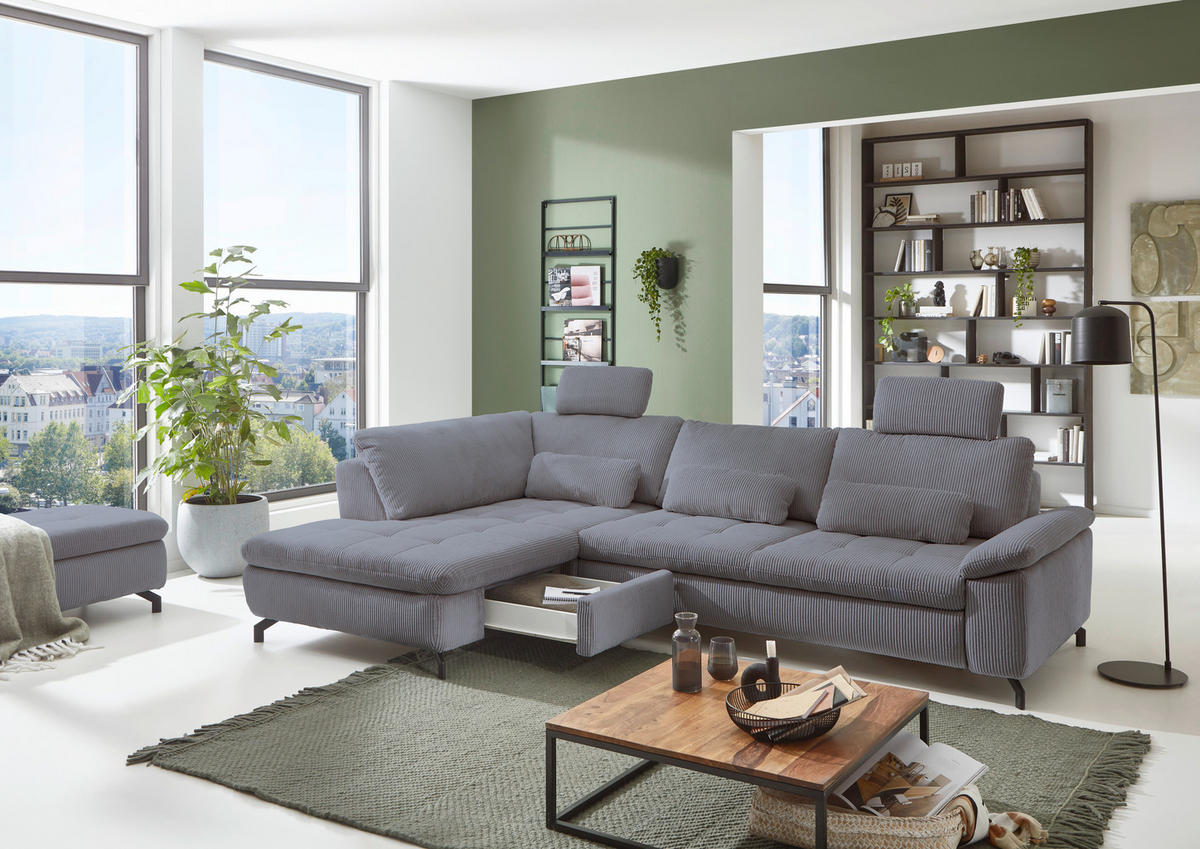ECKSOFA in Cord, Velours Anthrazit  - Anthrazit/Schwarz, Design, Textil/Metall (197/291cm) - Beldomo Style