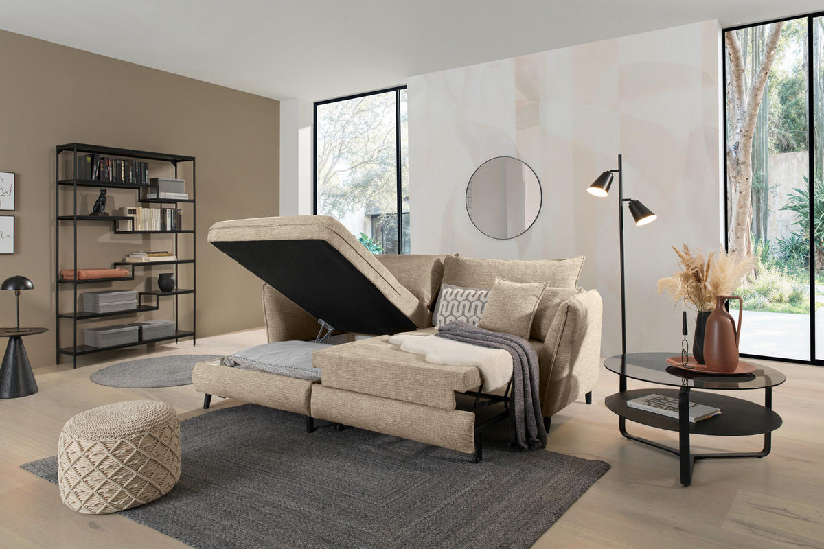 ECKSOFA inkl. Funktionen Beige Struktur  - Beige/Schwarz, Design, Holz/Textil (245/161cm) - Stylife