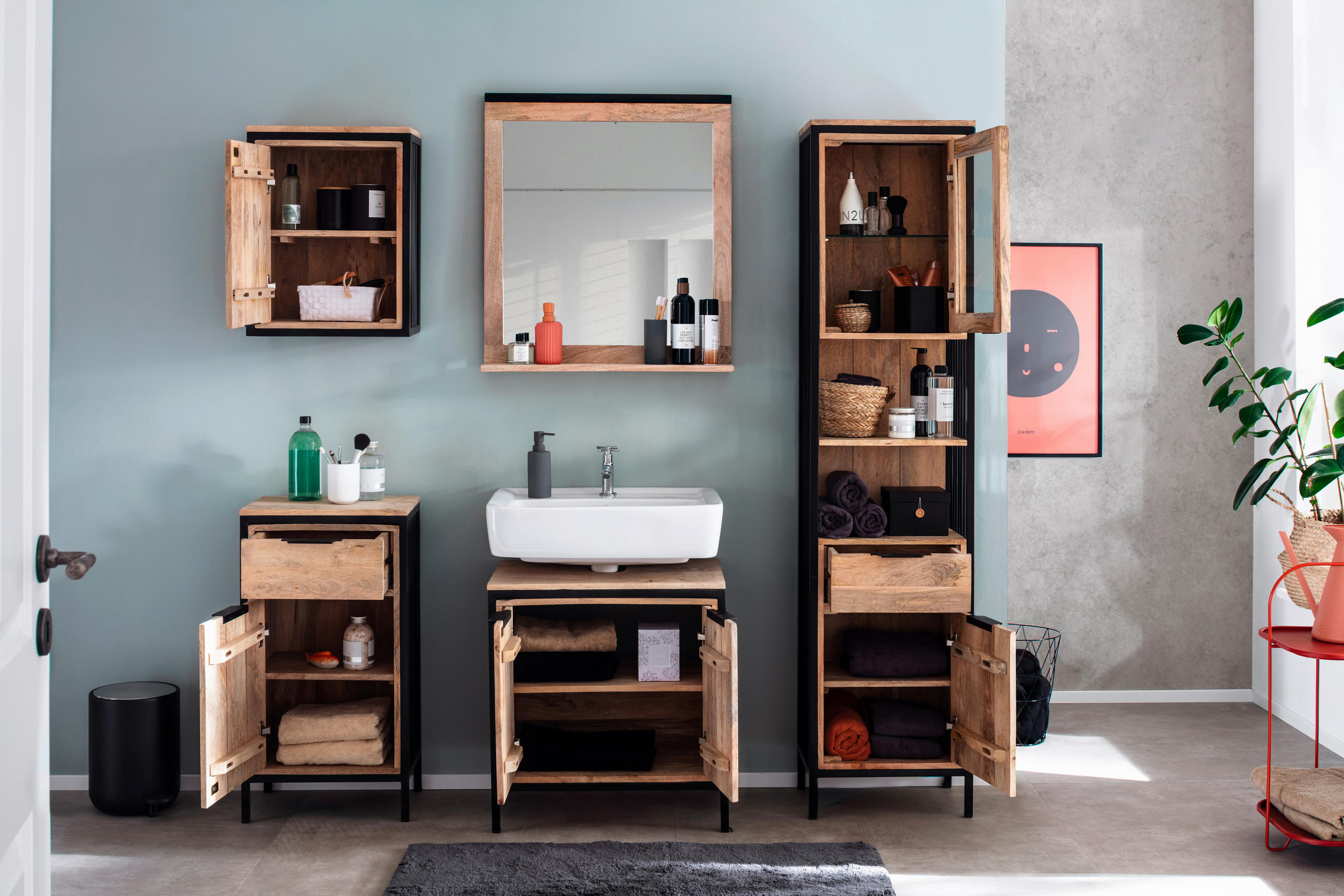 HÄNGESCHRANK 43/55/25 cm - Schwarz/Naturfarben, MODERN, Holz/Metall (43/55/25cm) - Livetastic