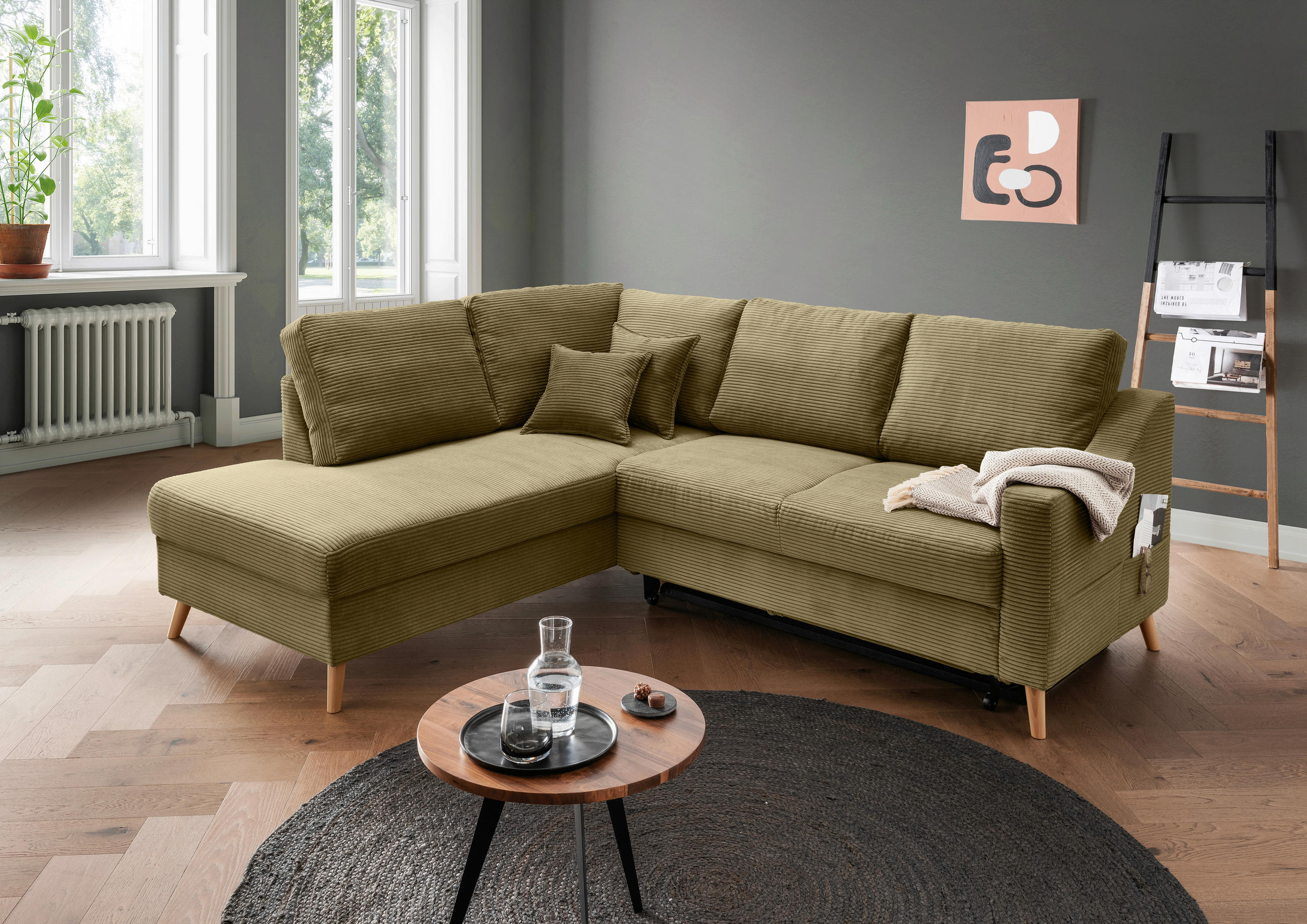 ECKSOFA in Cord Olivgrün  - Naturfarben/Olivgrün, MODERN, Holz/Textil (200/230cm) - Livetastic