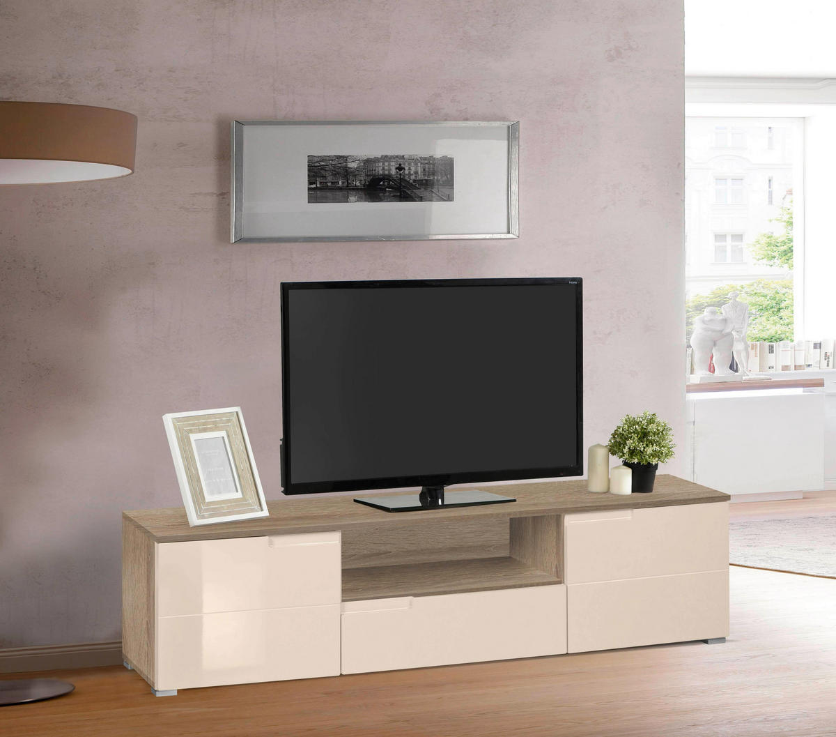 Comodă Tv 165/42/40 cm  - stejar Sonoma/bej, Basics, plastic/material pe bază de lemn (165/42/40cm) - Hom`in