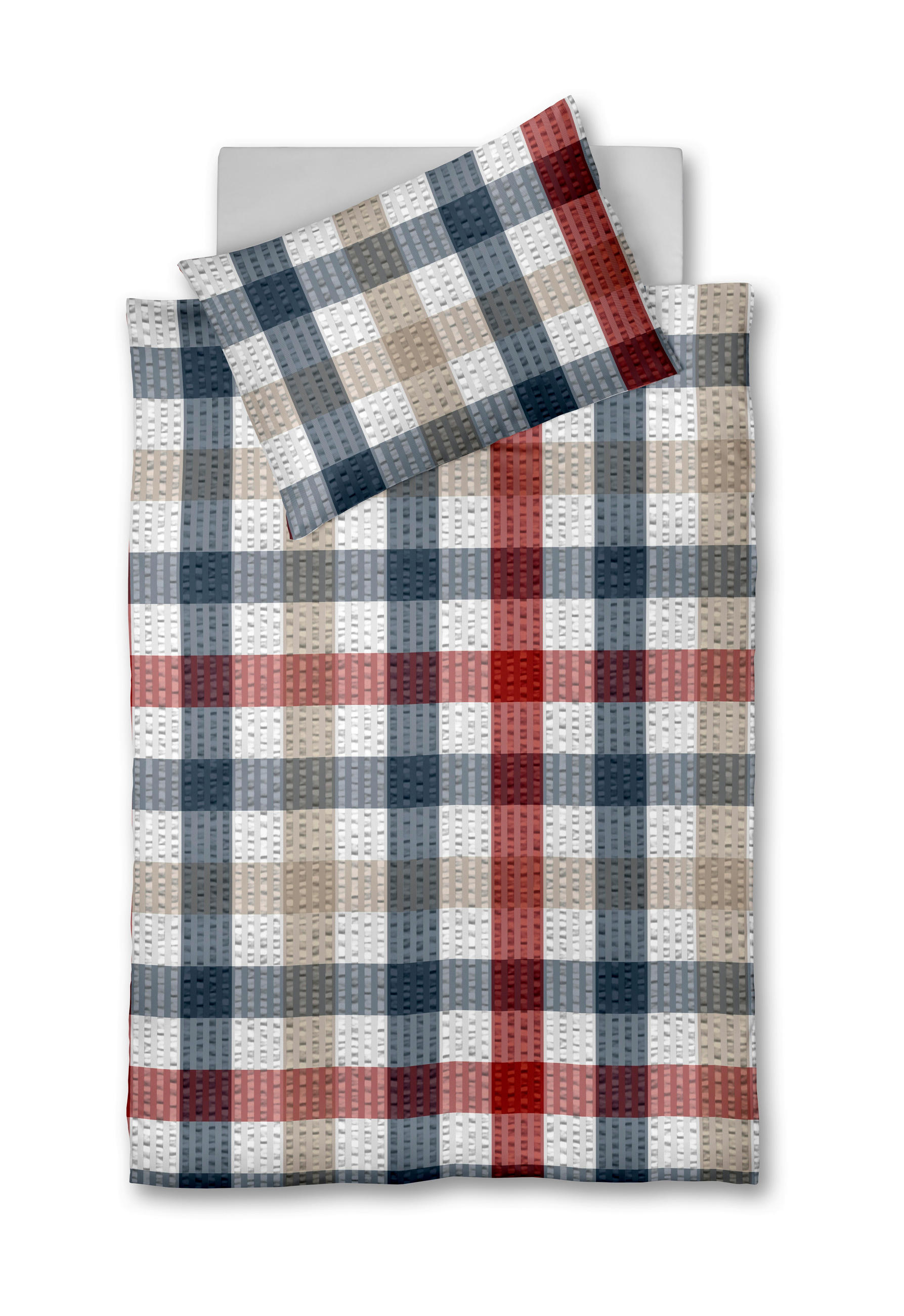 POSTEĽNÁ BIELIZEŇ, seersucker, modrá, červená, biela, piesková, 140/200 cm - modrá/piesková, Konventionell, textil (140/200cm) - Fleuresse