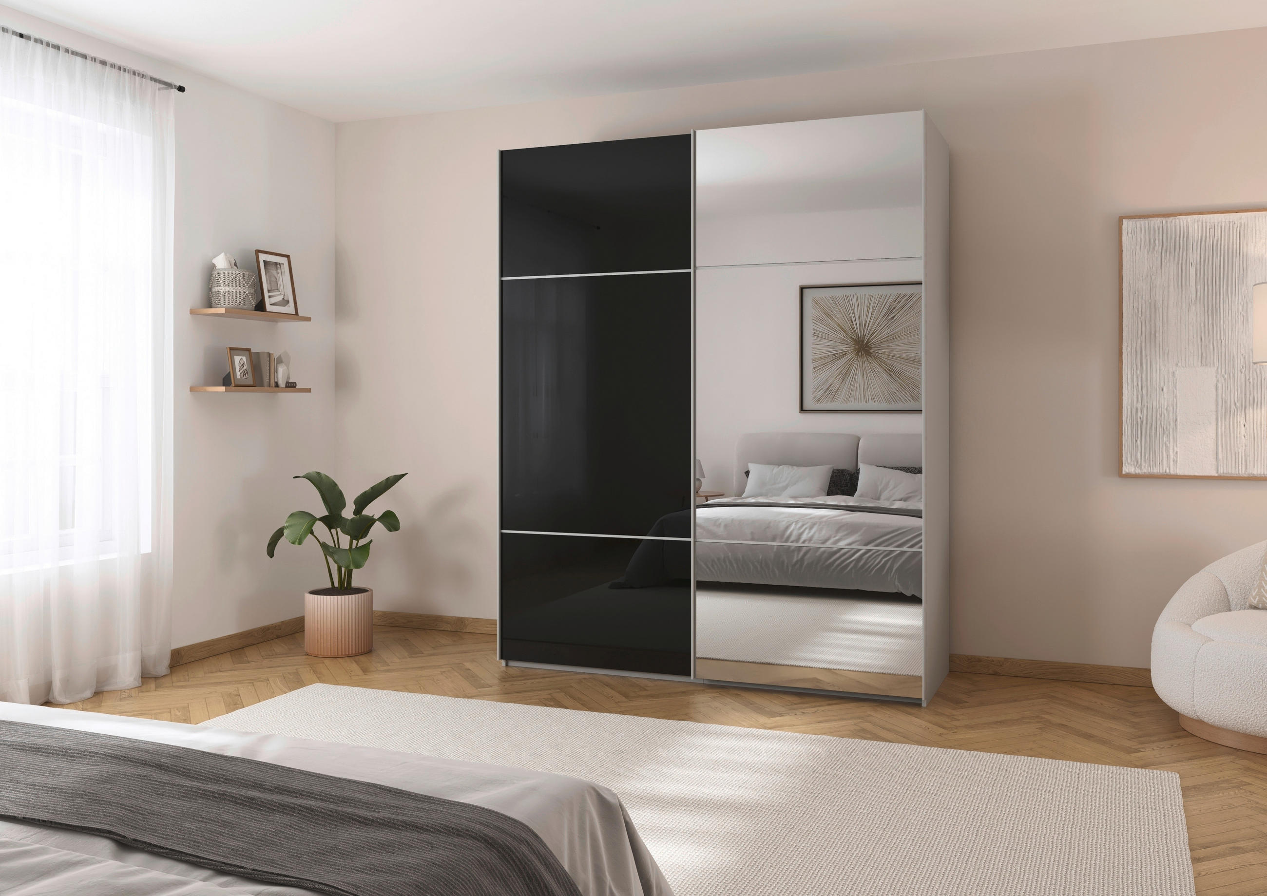 SCHWEBETÜRENSCHRANK 181/223/68 cm 2-türig Grau, Schwarz  - Schwarz/Grau, KONVENTIONELL, Glas/Holzwerkstoff (181/223/68cm) - Novel