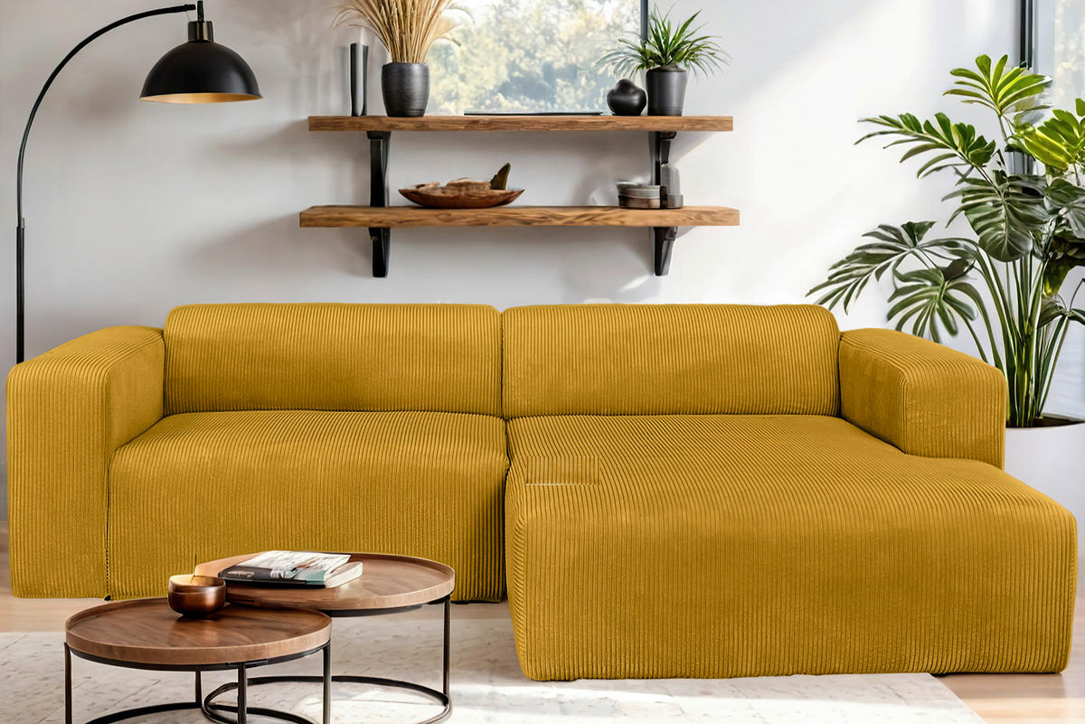 ECKSOFA BASMA in Cord Senfgelb  298/175 cm  - Senfgelb/Schwarz, Design, Kunststoff/Textil (298/175cm) - P & B