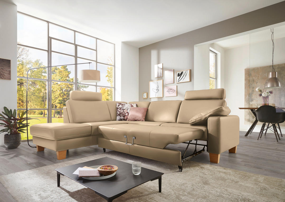 ECKSOFA in Echtleder Beige  - Eiche Bianco/Beige, Konventionell, Leder/Holz (235/257cm) - Valdera