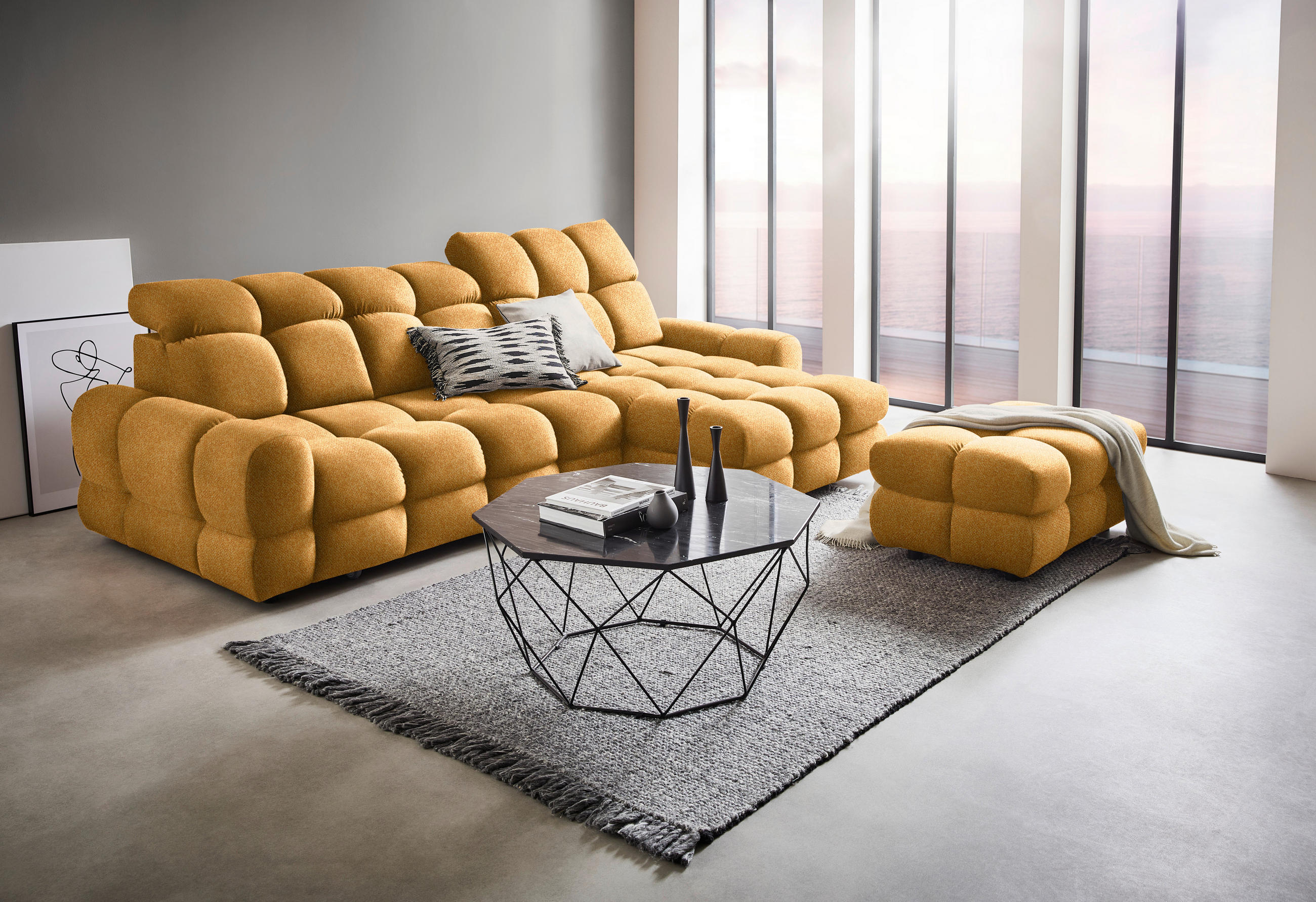 HÖRNSOFFA i velour currygul  - currygul/svart, Design, textil/plast (283/178cm) - Welnova
