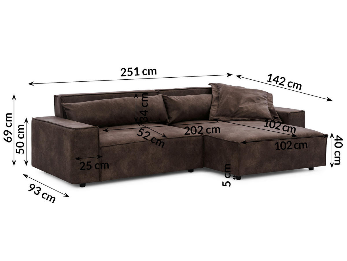 ECKSOFA Curduroy in Lederlook Dunkelbraun Rückenkissen  251/142 cm  - Dunkelbraun/Schwarz, Design, Kunststoff/Textil (251/142cm) - P & B