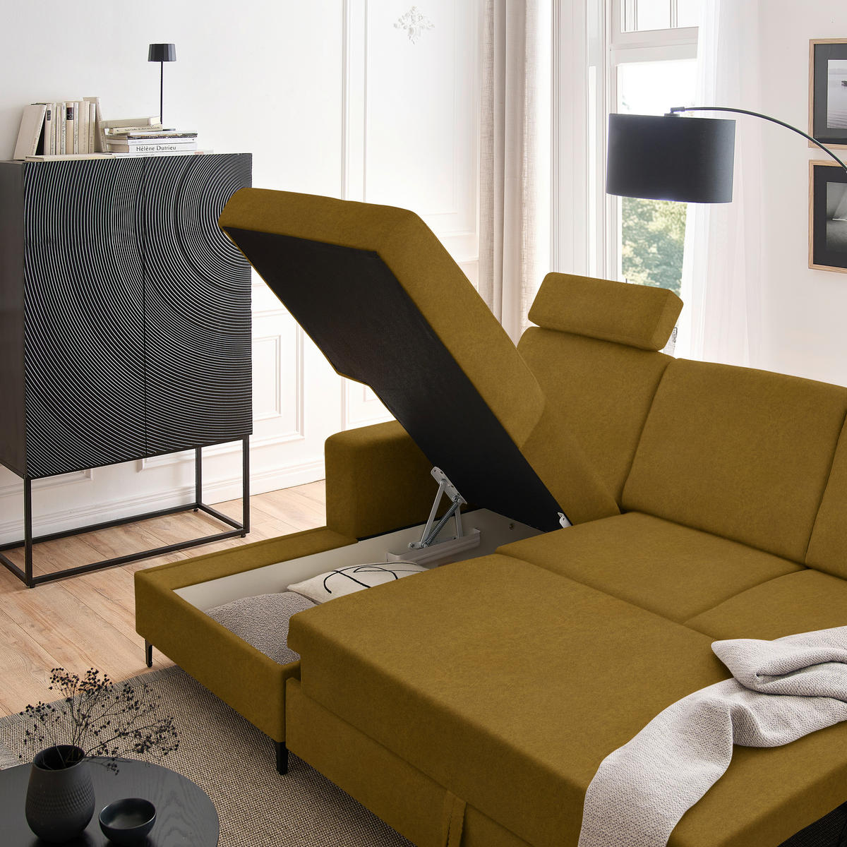 ECKSOFA in Velours Gelb  - Gelb/Schwarz, Konventionell, Textil/Metall (167/247cm) - Stylife