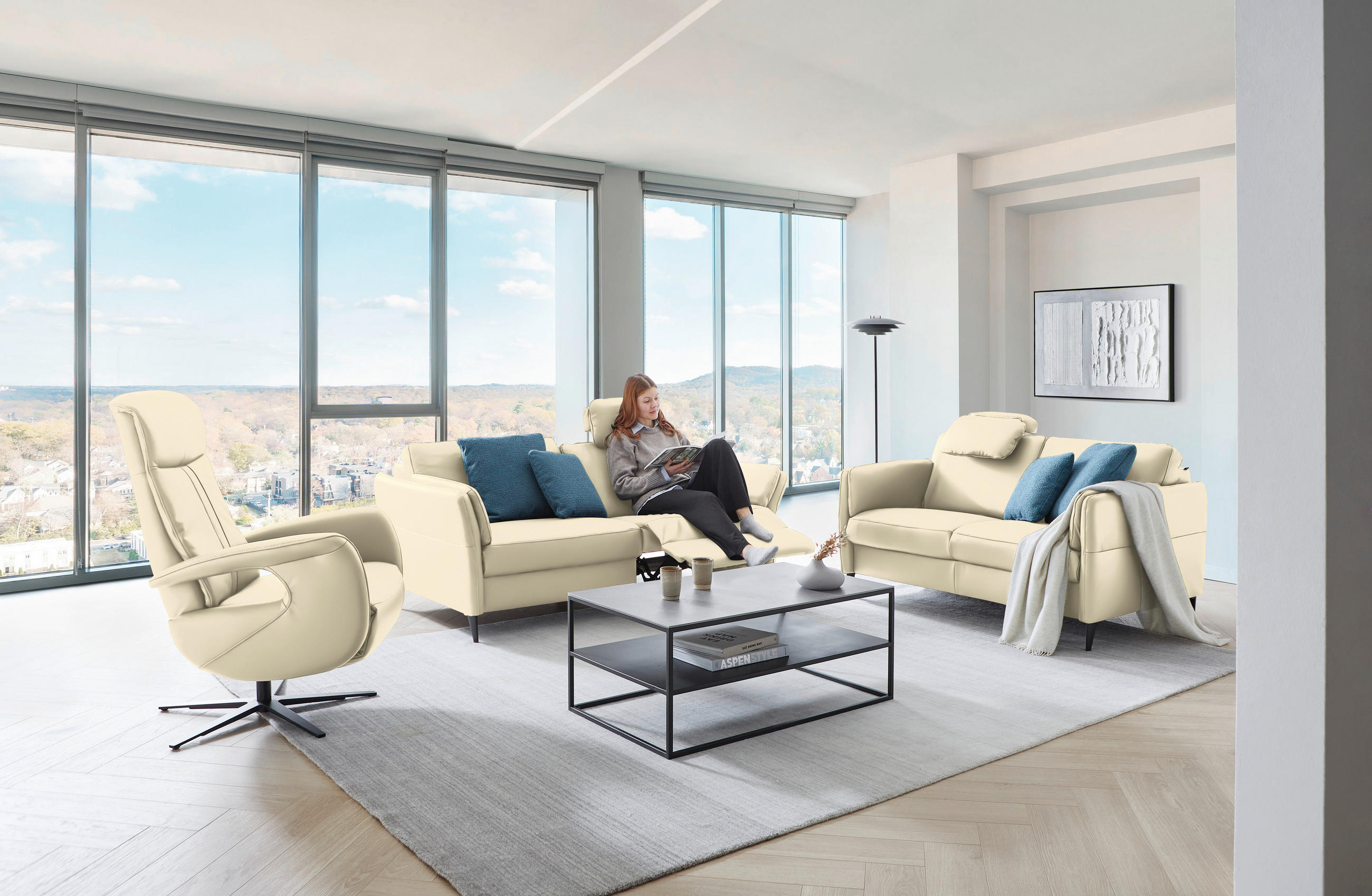 3-SITZER-SOFA in Leder Ecru - Ecru/Schwarz, Design, Leder/Metall (190/84/99cm) - Dieter Knoll