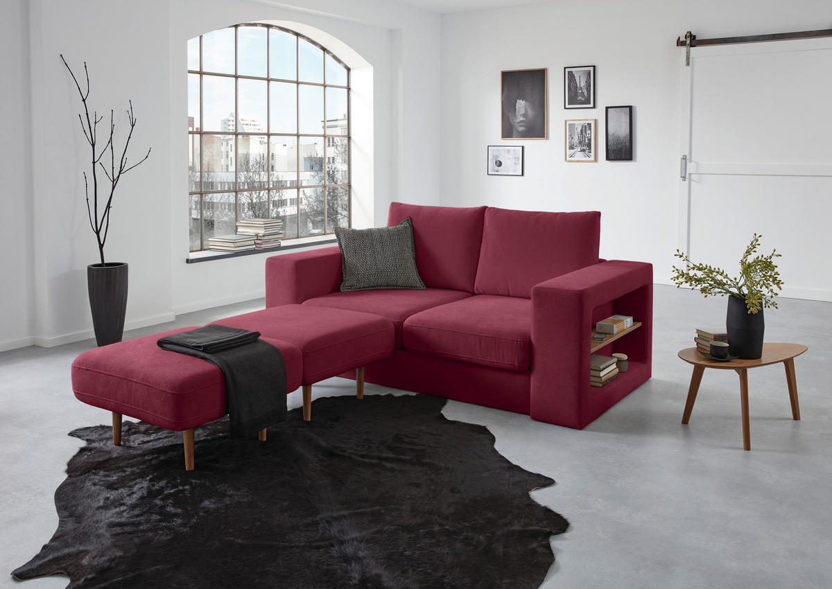 VIERSITZER-SOFA inkl. Hocker LOOKS V-2 Webstoff Rot, Beere  - Eichefarben/Beere, Design, Holz/Textil (252/96/107cm) - LOOKS by W.Joop