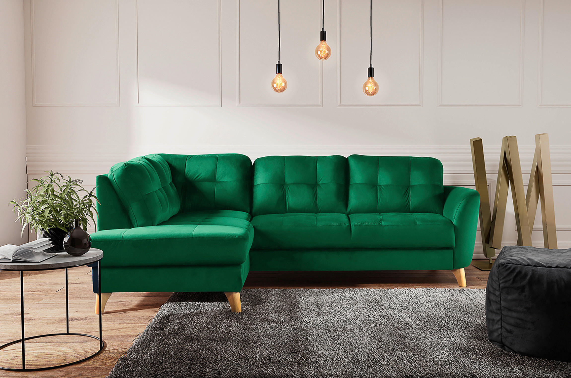 ECKSOFA Dunkelgrün Samt  - Dunkelgrün/Buchefarben, Design, Holz/Textil (190/236cm) - Livetastic