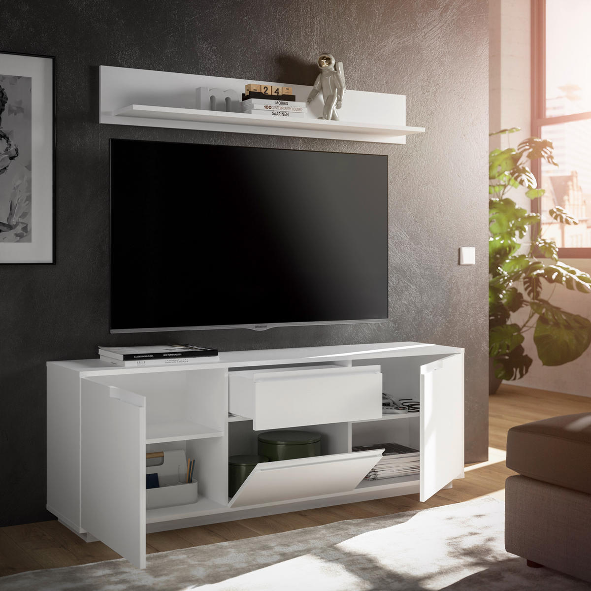 KOMODA POD TELEVIZI, bílá, 169/180/38 cm - bílá, Moderní, kompozitní dřevo (169/180/38cm) - Carryhome
