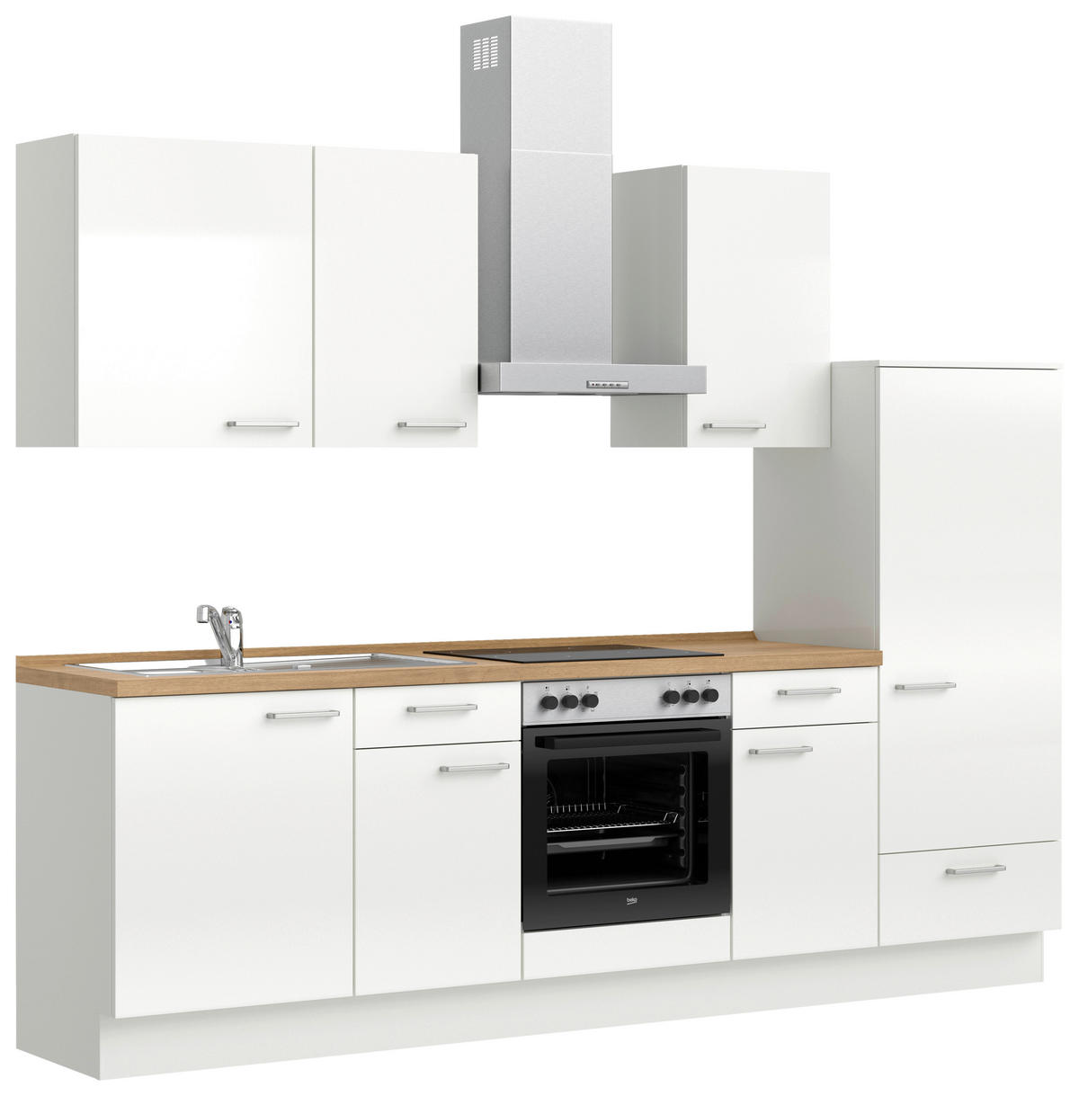 KÜCHENLEERBLOCK 270 cm   in Eichefarben, Weiß Hochglanz  - Edelstahlfarben/Eichefarben, MODERN, Holzwerkstoff/Metall (270cm) - Nobilia