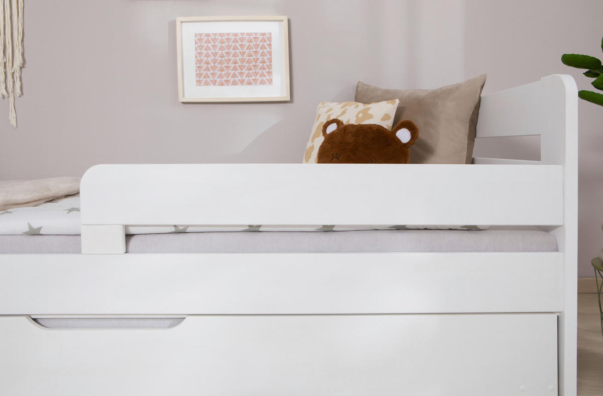AUSZIEHBETT 100/200 cm,  in Weiß, Bettschublade, Absturzsicherung, Rollrost für Zusatzbett, Rollrost für Hauptbett  - Naturfarben/Weiß, MODERN, Holz (100/200cm) - Livetastic