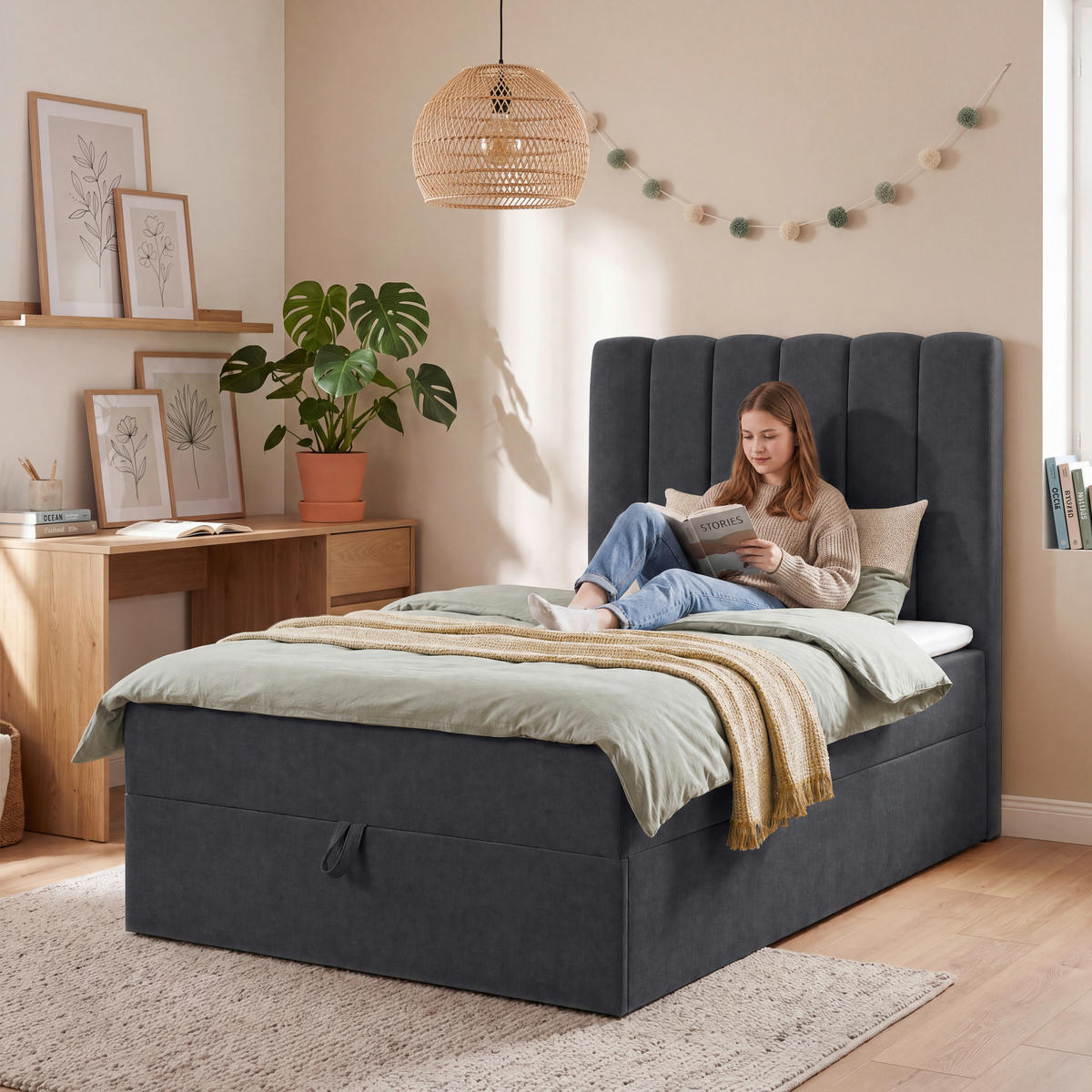 BOXBETT 100/200 cm,  in Anthrazit, Matratze, gepolstertes Kopfteil, Bettkasten, Topper, H3 = fest  - Anthrazit/Schwarz, Basics, Kunststoff/Textil (100/200cm) - Chameo