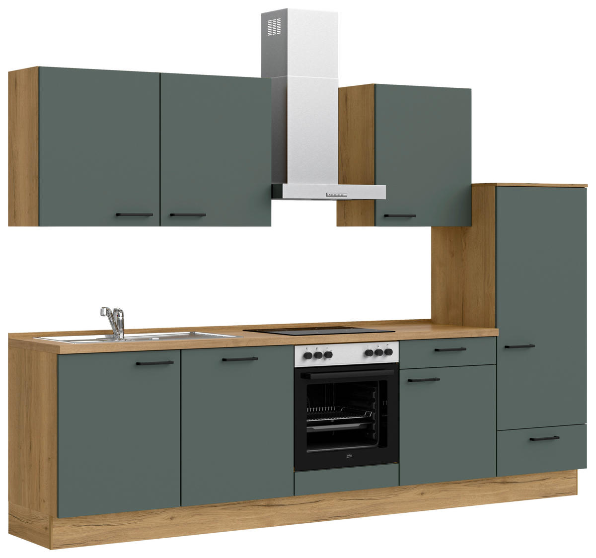 KÜCHENBLOCK 300 cm   in Eichefarben, Dunkelgrün  - Dunkelgrün/Eichefarben, MODERN, Holzwerkstoff/Metall (300cm) - Nobilia