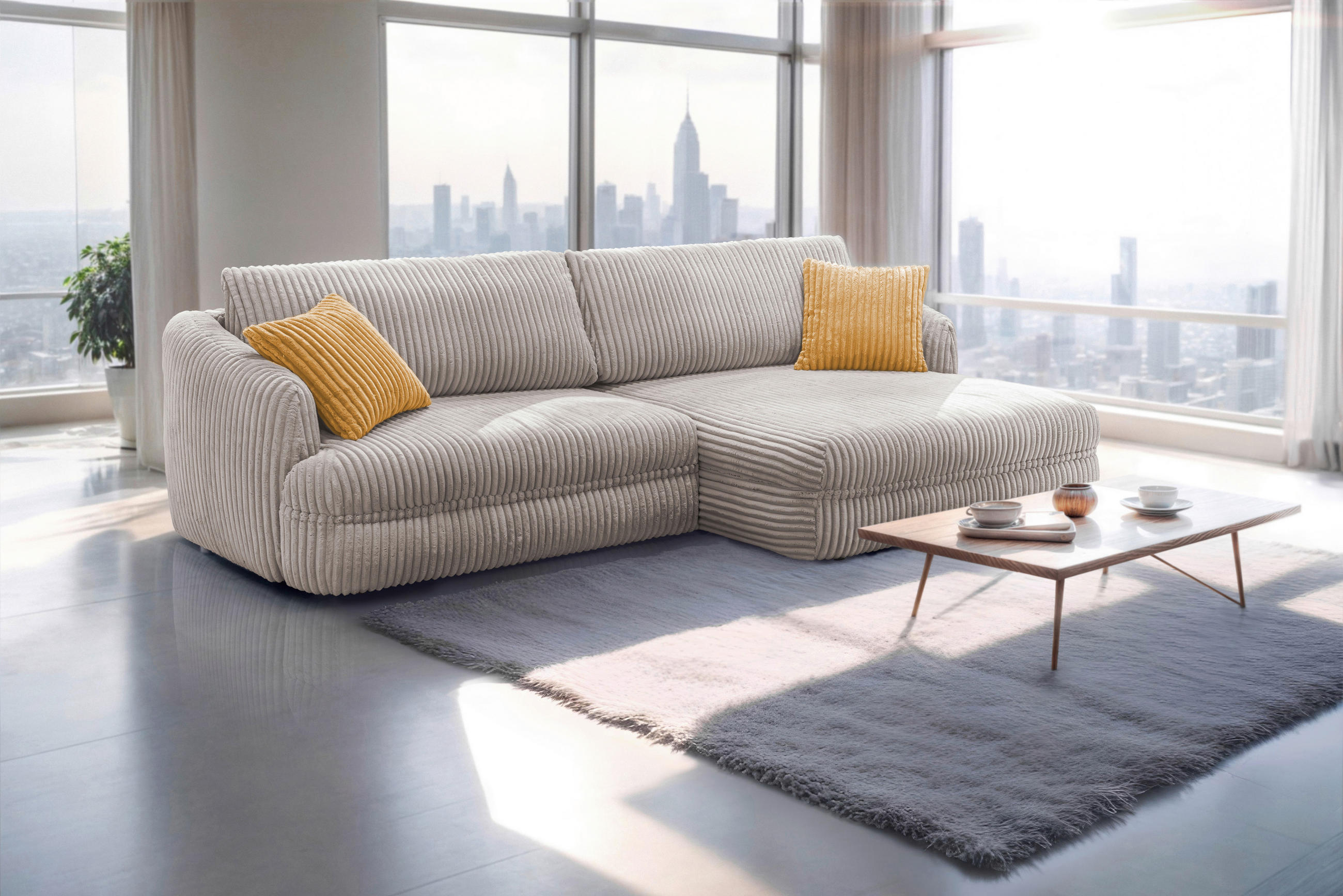 ECKSOFA in Cord Hellbraun  - Hellbraun/Gelb, Design, Kunststoff/Textil (284/161cm) - Livetastic