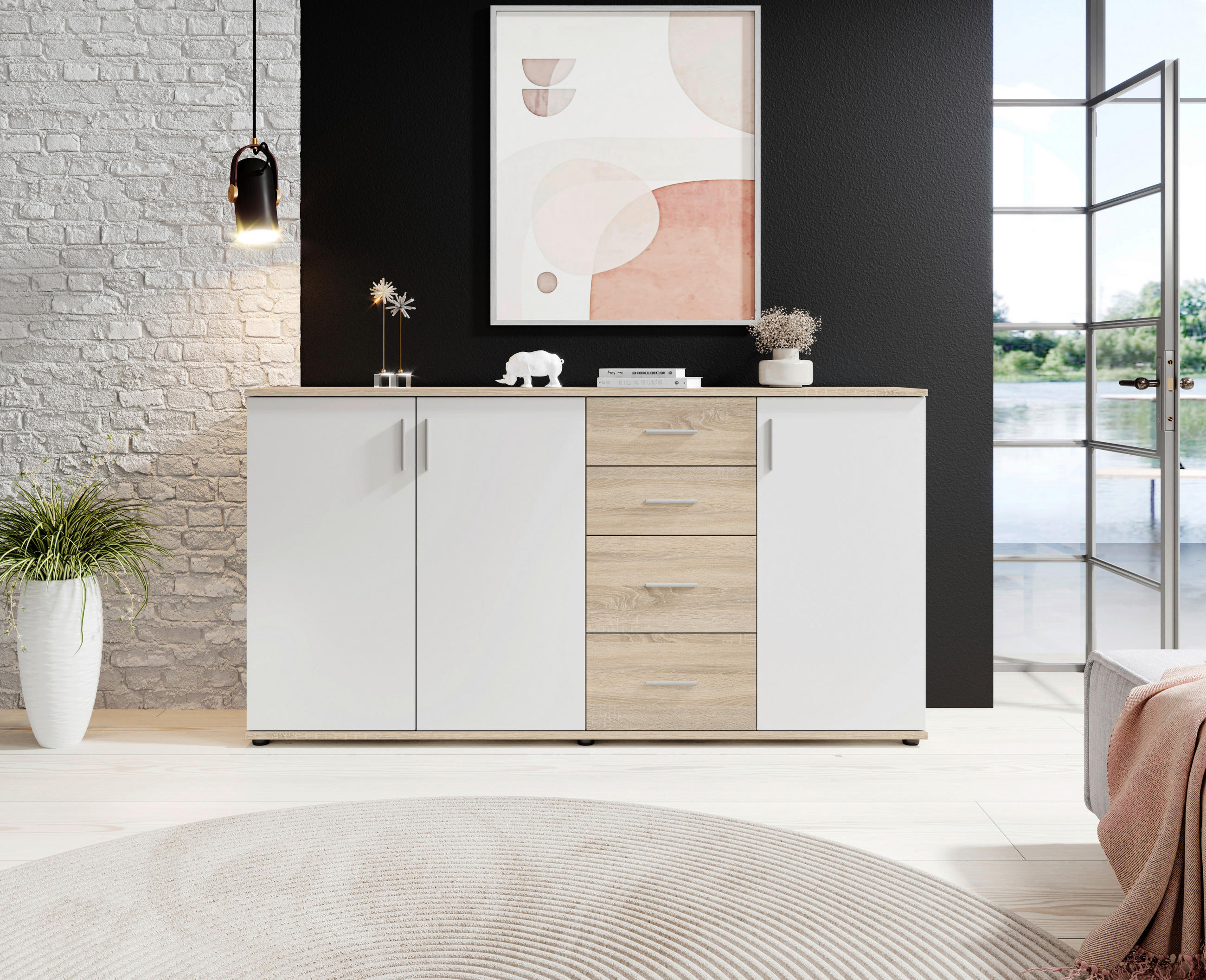 KOMMODE 160/84/35 cm  in Weiß, Sonoma Eiche  - Silberfarben/Schwarz, KONVENTIONELL, Holzwerkstoff/Kunststoff (160/84/35cm) - Carryhome