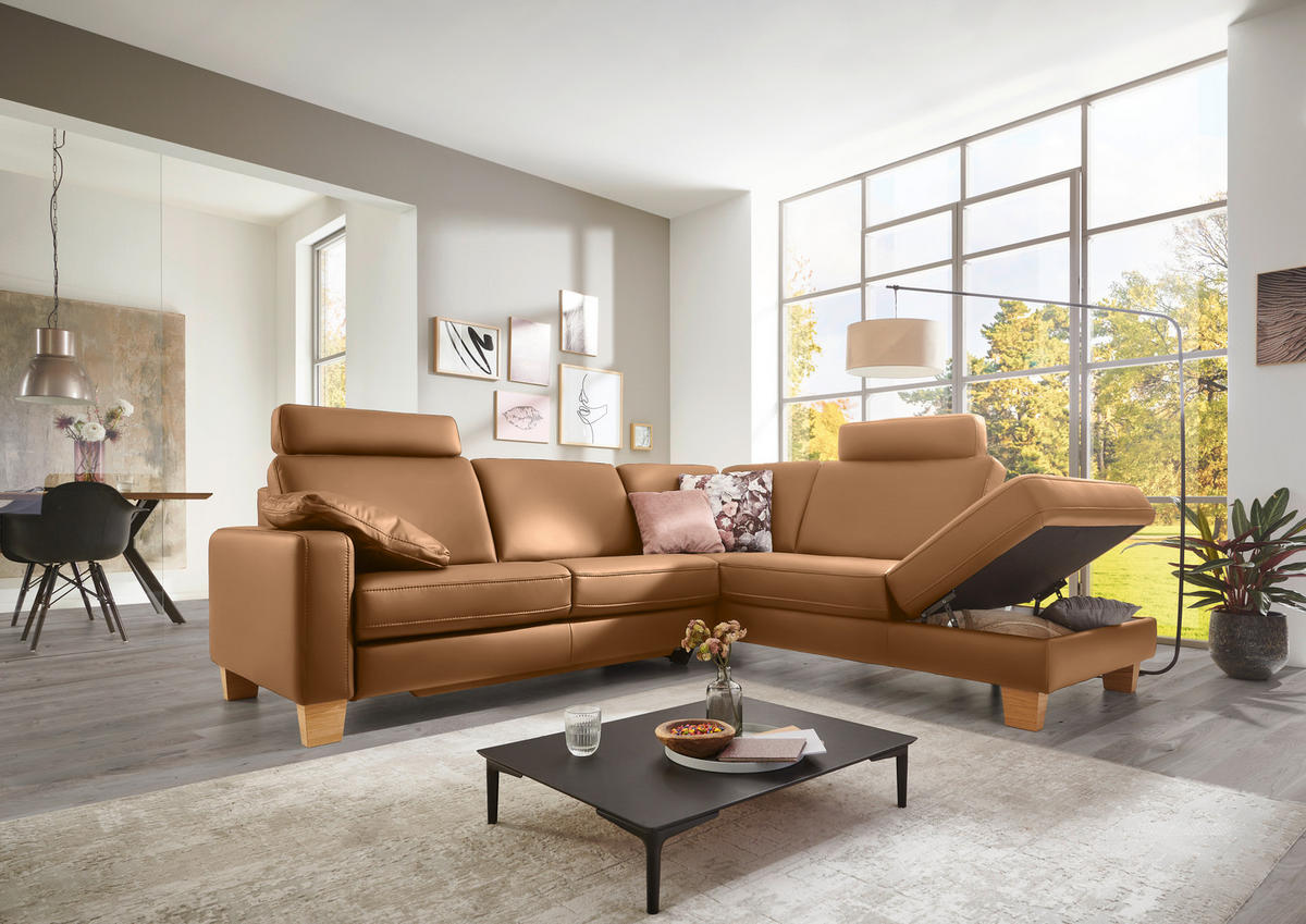 ECKSOFA in Echtleder Hellbraun  - Hellbraun/Eiche Bianco, Konventionell, Leder/Holz (257/235cm) - Valdera