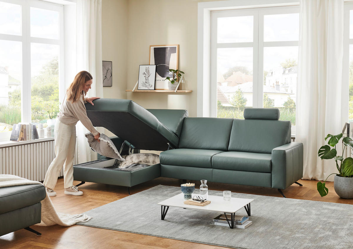 ECKSOFA in Echtleder Opal  - Opal/Schwarz, Design, Leder/Metall (165/267cm) - Beldomo Premium