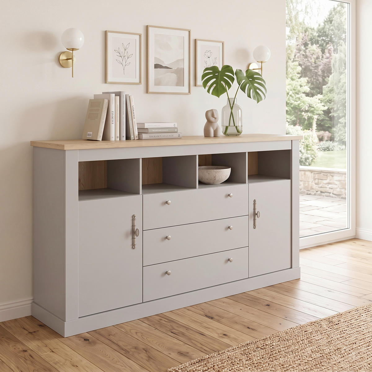 SIDEBOARD  198/104/44 cm 3 Schublade(n)  - Eichefarben/Silberfarben, Design, Holzwerkstoff/Metall (198/104/44cm) - MID.YOU