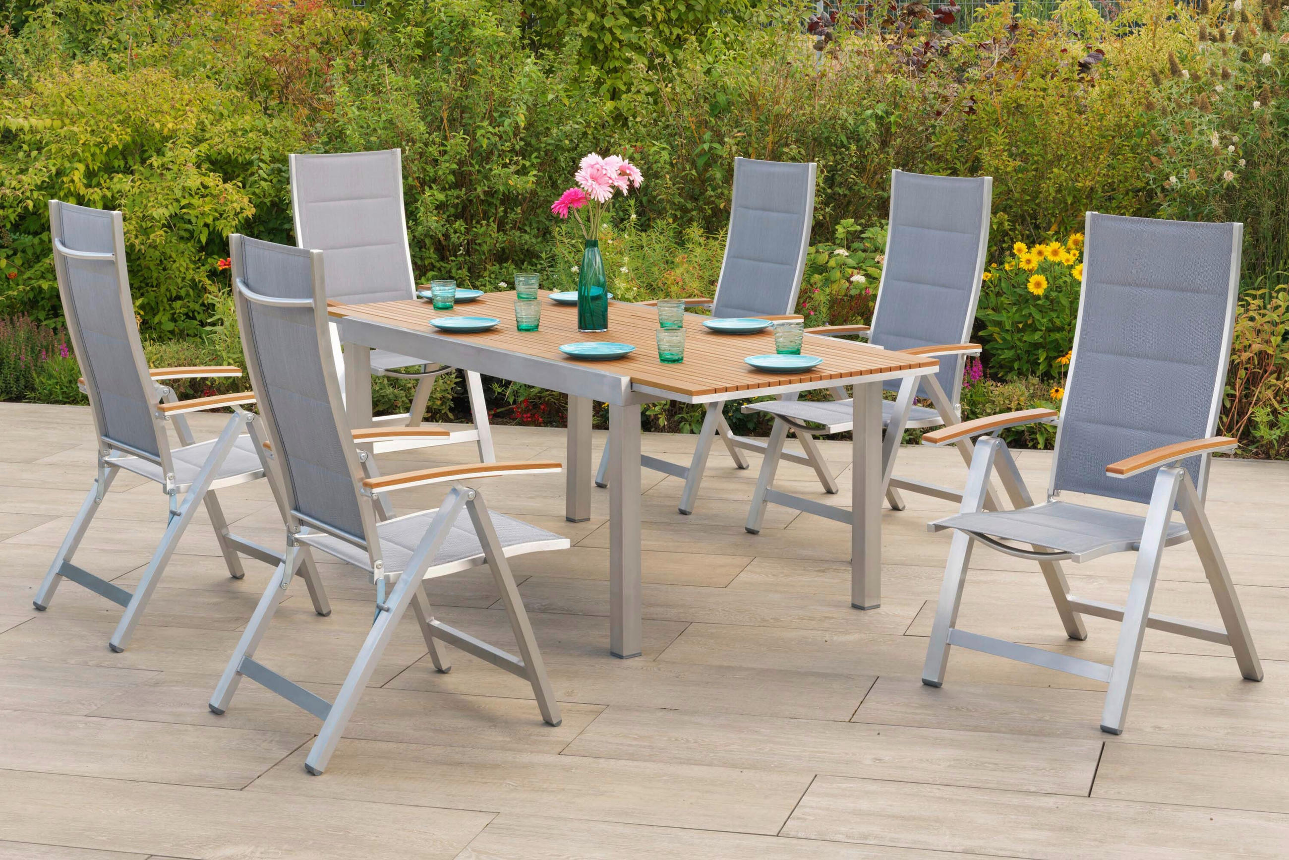 GARTENTISCHGRUPPE  - Silberfarben/Naturfarben, KONVENTIONELL, Kunststoff/Textil - Gardenson