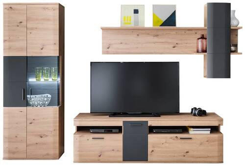 OBÝVACÍ STĚNA, antracitová, čiré, barvy dubu - barvy dubu/černá, Design, kov/kompozitní dřevo (290/198/50cm) - Livetastic