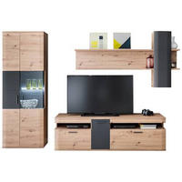 WOHNWAND Kigali  in Anthrazit, Klar, Eichefarben  290/198/50 cm  - Klar/Eichefarben, Design, Glas/Holzwerkstoff (290/198/50cm) - Livetastic
