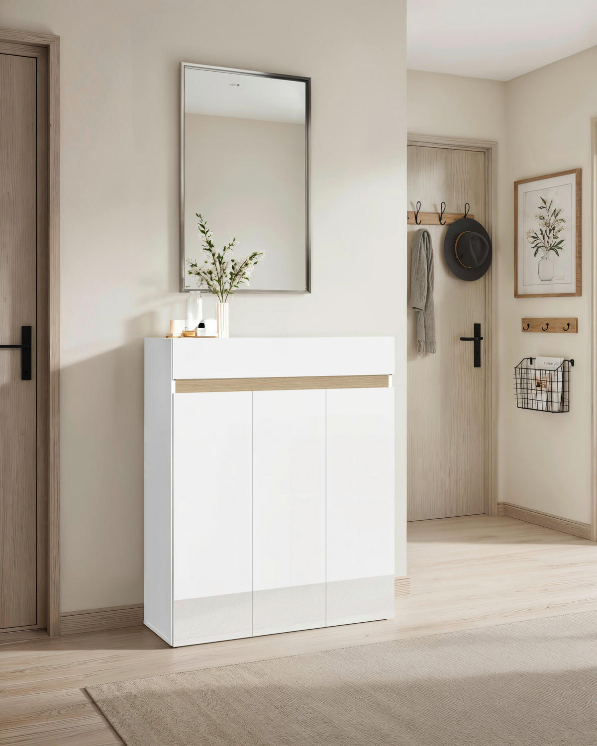 SCHUHSCHRANK Eichefarben, Weiß Hochglanz  - Eichefarben/Weiß Hochglanz, Design, Holzwerkstoff (94/114/35cm) - MID.YOU
