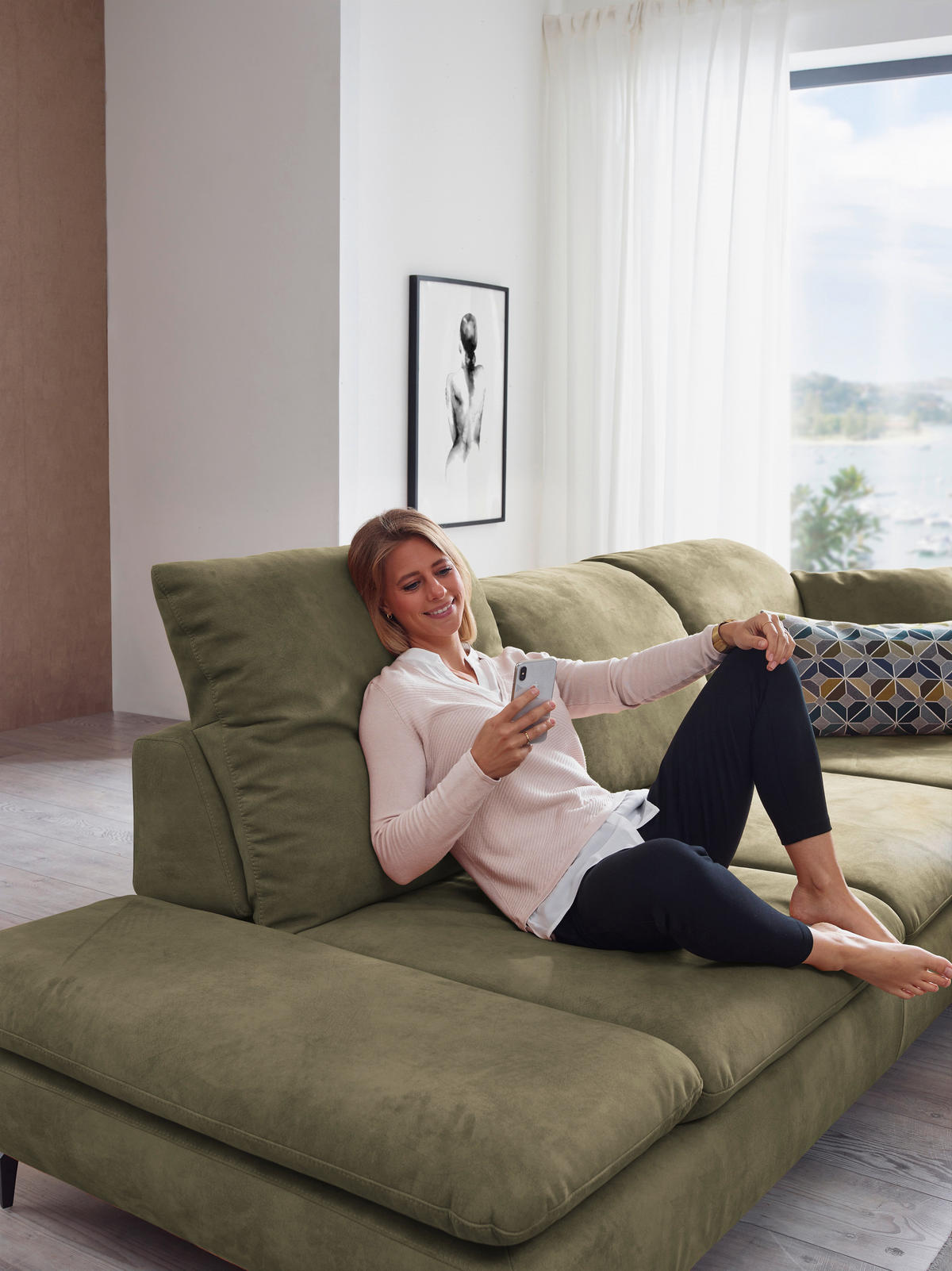 SAROKKANAPÉ textil olívazöld  - olívazöld/fekete, Design, textil/fém (315/200cm) - Chilliano