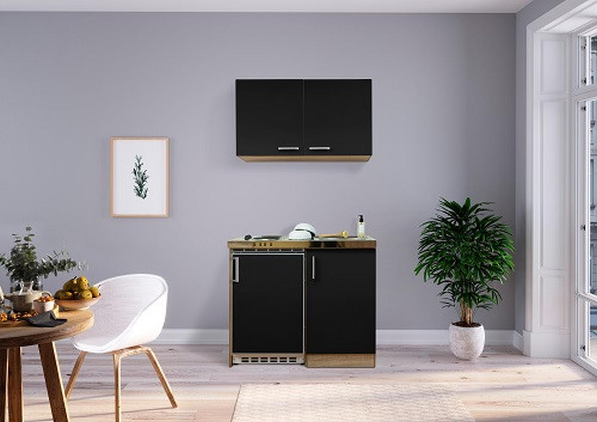 MINIKÜCHE 100 cm   in Schwarz, Sonoma Eiche  - Edelstahlfarben/Eichefarben, Modern, Holzwerkstoff/Kunststoff (100cm) - Respekta