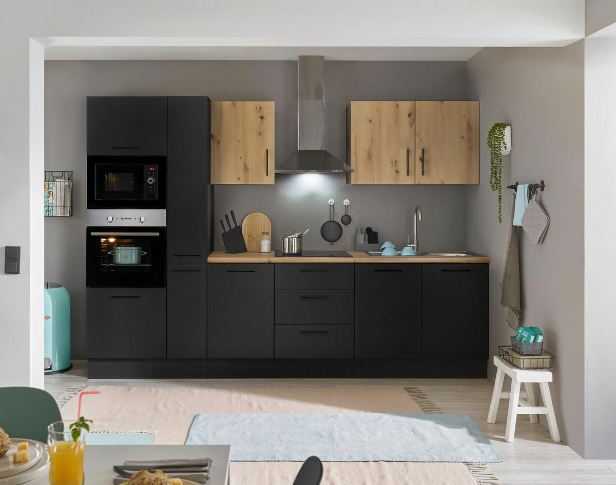 KÜCHENBLOCK 300 cm   in Schwarz, Eiche Artisan  - Schwarz/Eiche Artisan, Basics, Holzwerkstoff/Metall (300cm) - MID.YOU
