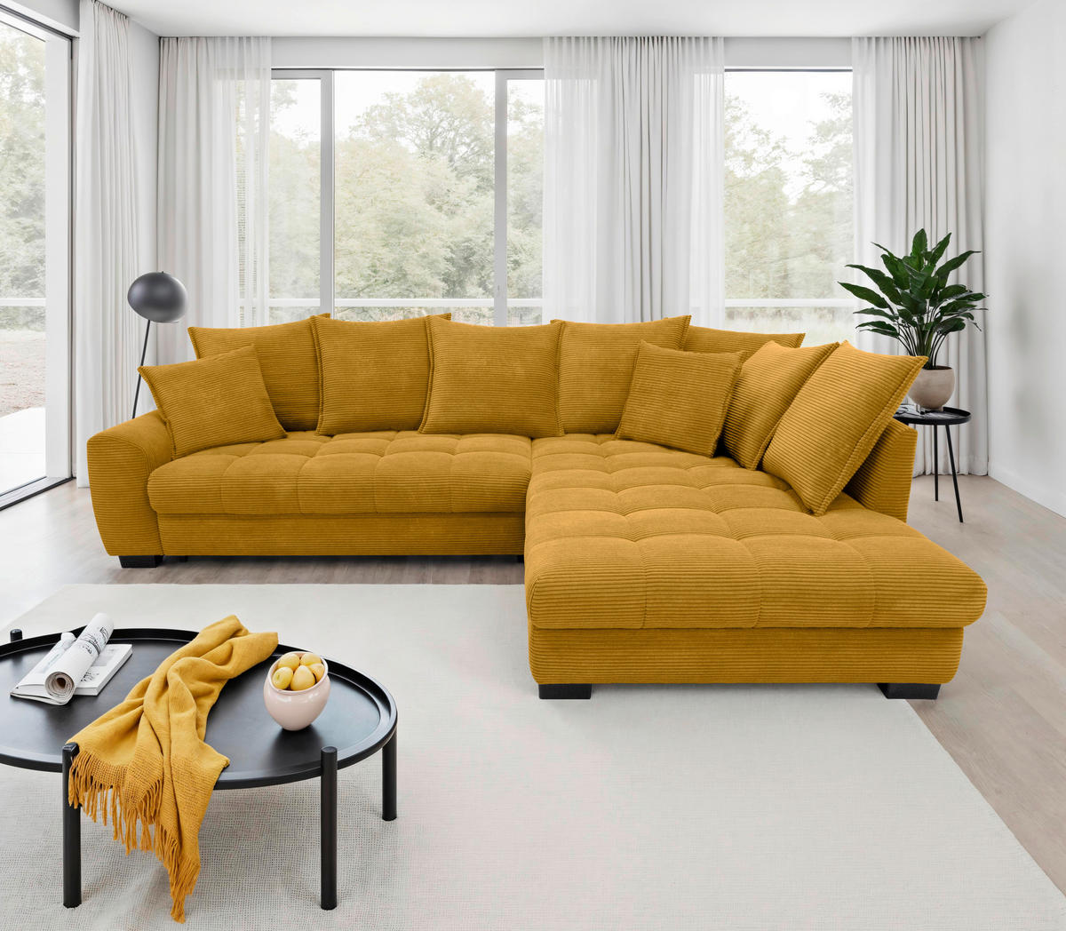 ECKSOFA Currygelb Cord Rückenkissen, Armlehnenkissen, Bettkasten, Schlaffunktion, Rücken echt, Liegefläche im Originalstoff  - Currygelb/Schwarz, KONVENTIONELL, Kunststoff/Textil (304/212cm) - Carryhome