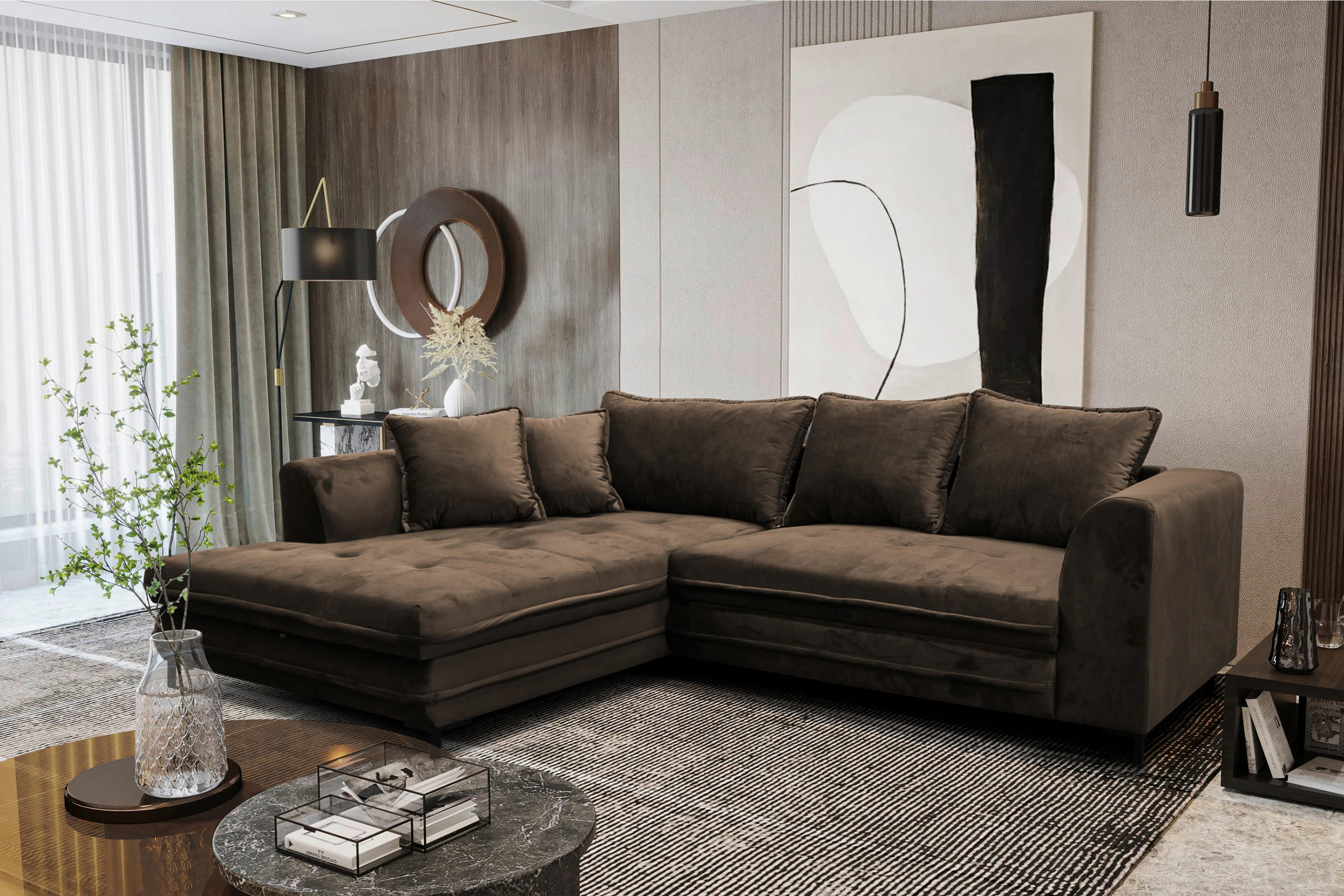 ECKSCHLAFSOFA Velours Braun  - Schwarz/Braun, Design, Textil/Metall (187/277cm) - Livetastic