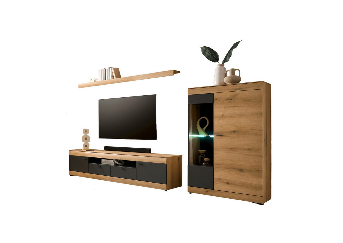 WOHNWAND 3-teilig  in Graphitfarben, Eichefarben  300/170/45 cm  - Eichefarben/Schwarz, Design, Glas/Holzwerkstoff (300/170/45cm) - MID.YOU